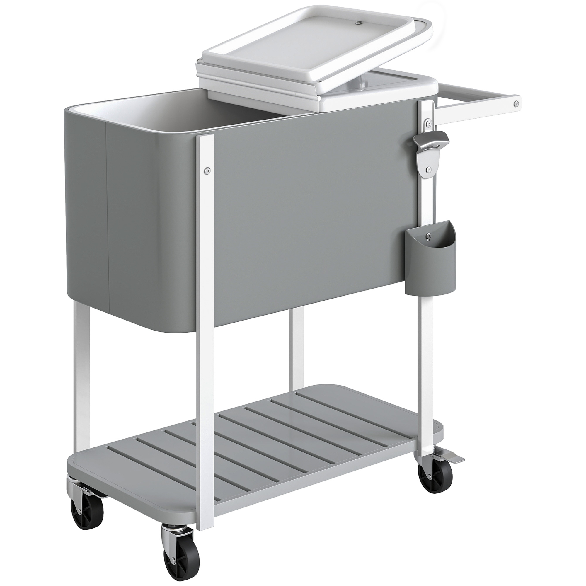Outsunny Carrello frigo con capacità 56 L servitore con ruote, apribottiglie, ripiano inferiore, maniglia, carrello bevande mobile, Grigio Aosom Italy