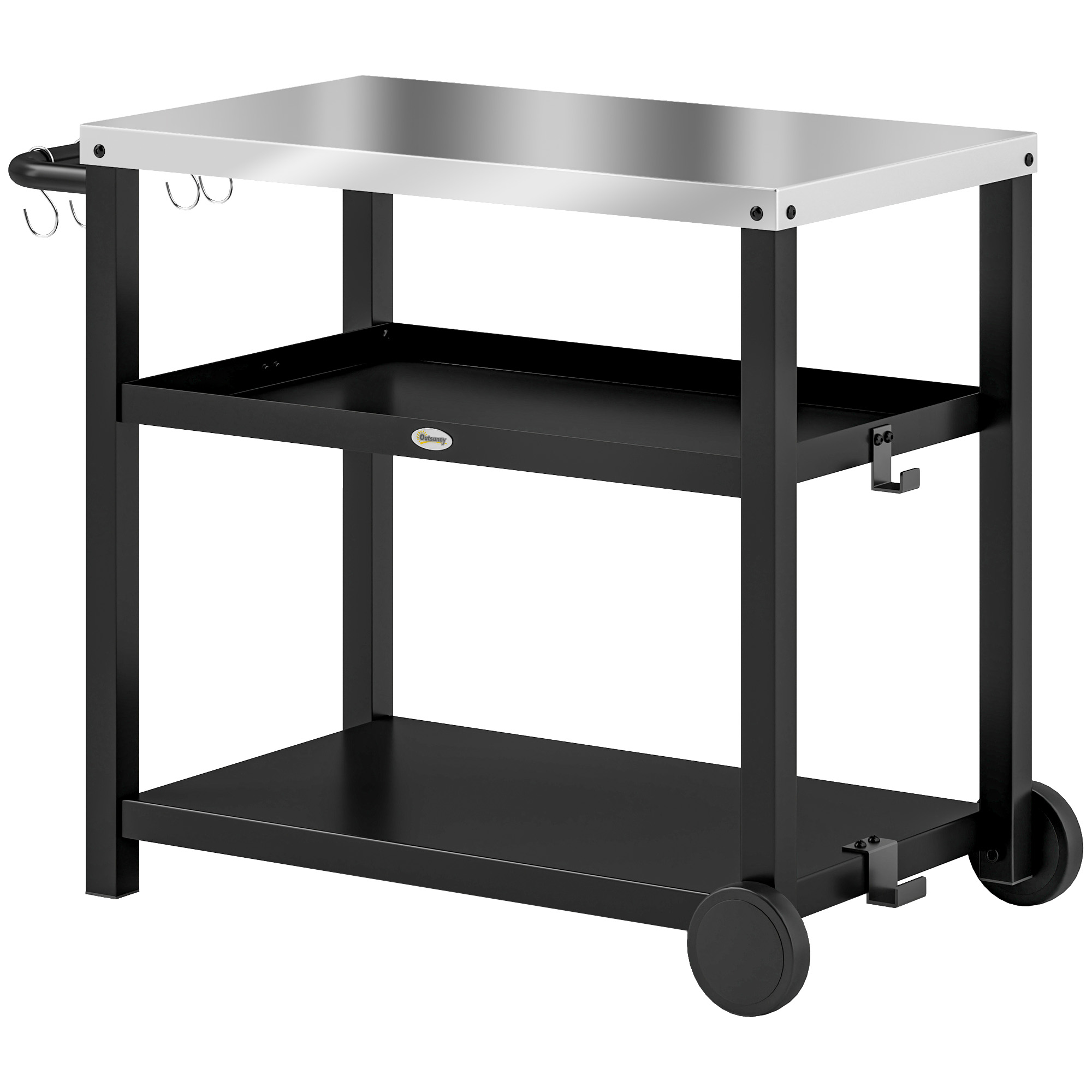 Outsunny Carrello grill 3 livelli con piano di lavoro, ripiani, ganci, ruote, acciaio inox 102x50x81cm Grigio carbone Aosom Italy