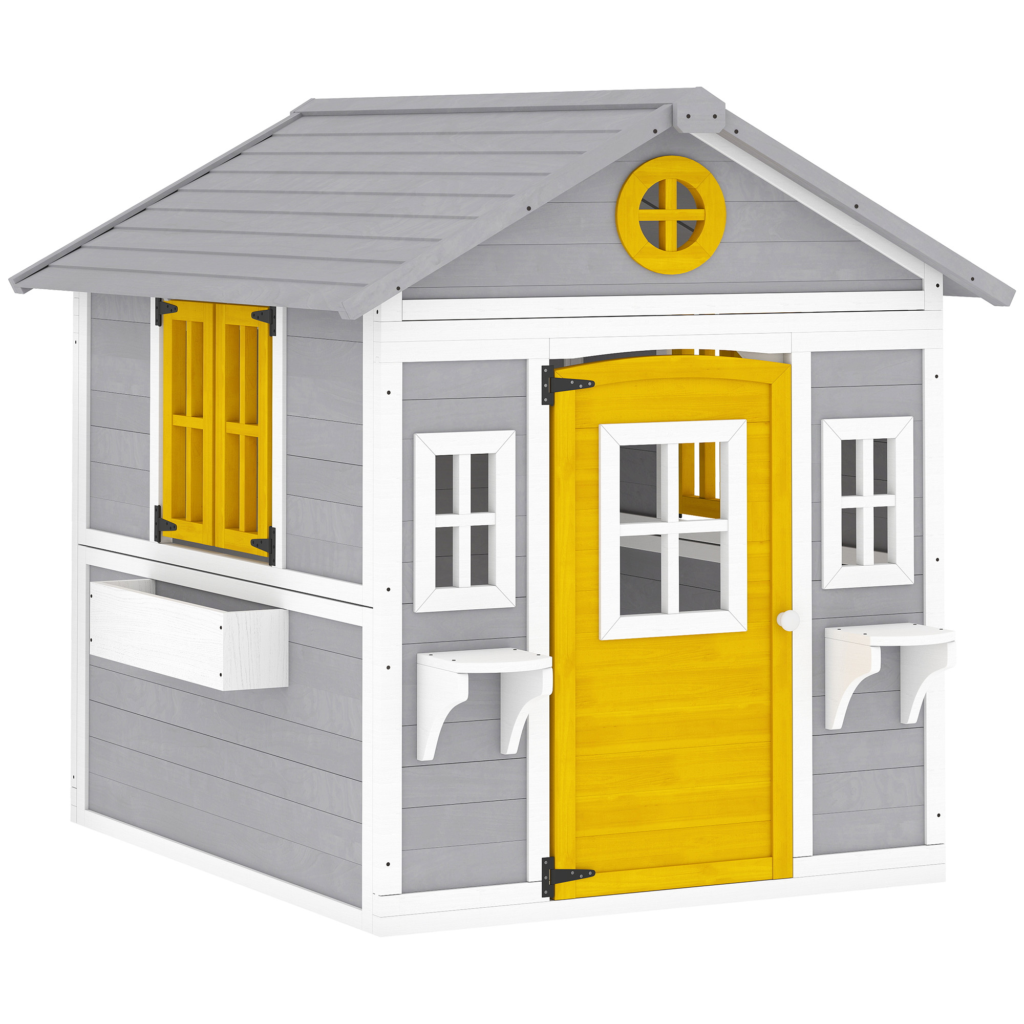 Outsunny Casetta bambini legno con porta, finestre e fioriere, Grigio Aosom Italy