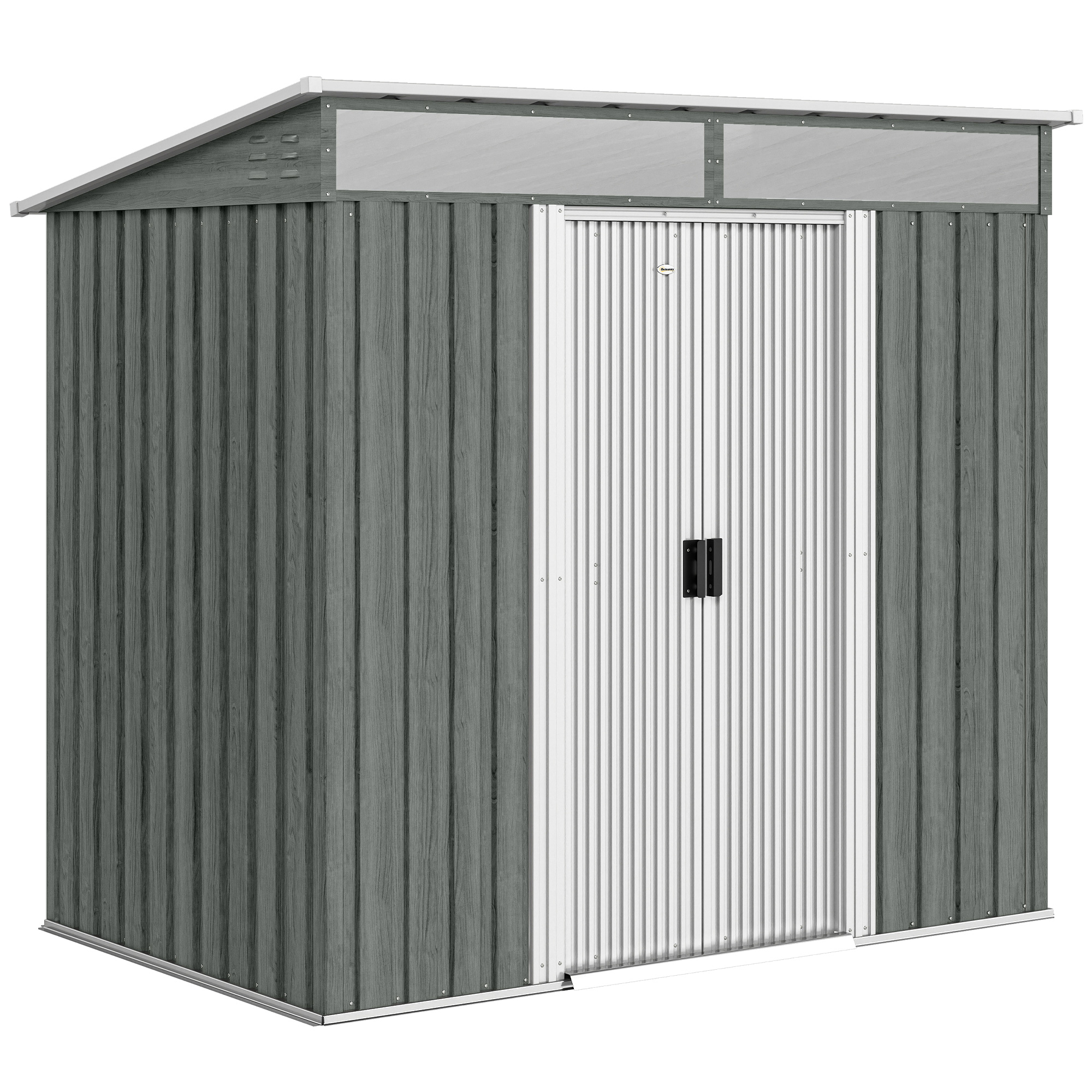 Outsunny Casetta da Giardino 2m² in Acciaio Zincato con Kit Fondazione, Prese d'Aria, Capanno da Giardino con Finestre Trasparente, Tetto Inclinato, Porta Scorrevole Bloccabile, 2 Ganci, Grigio Chiaro Aosom Italy