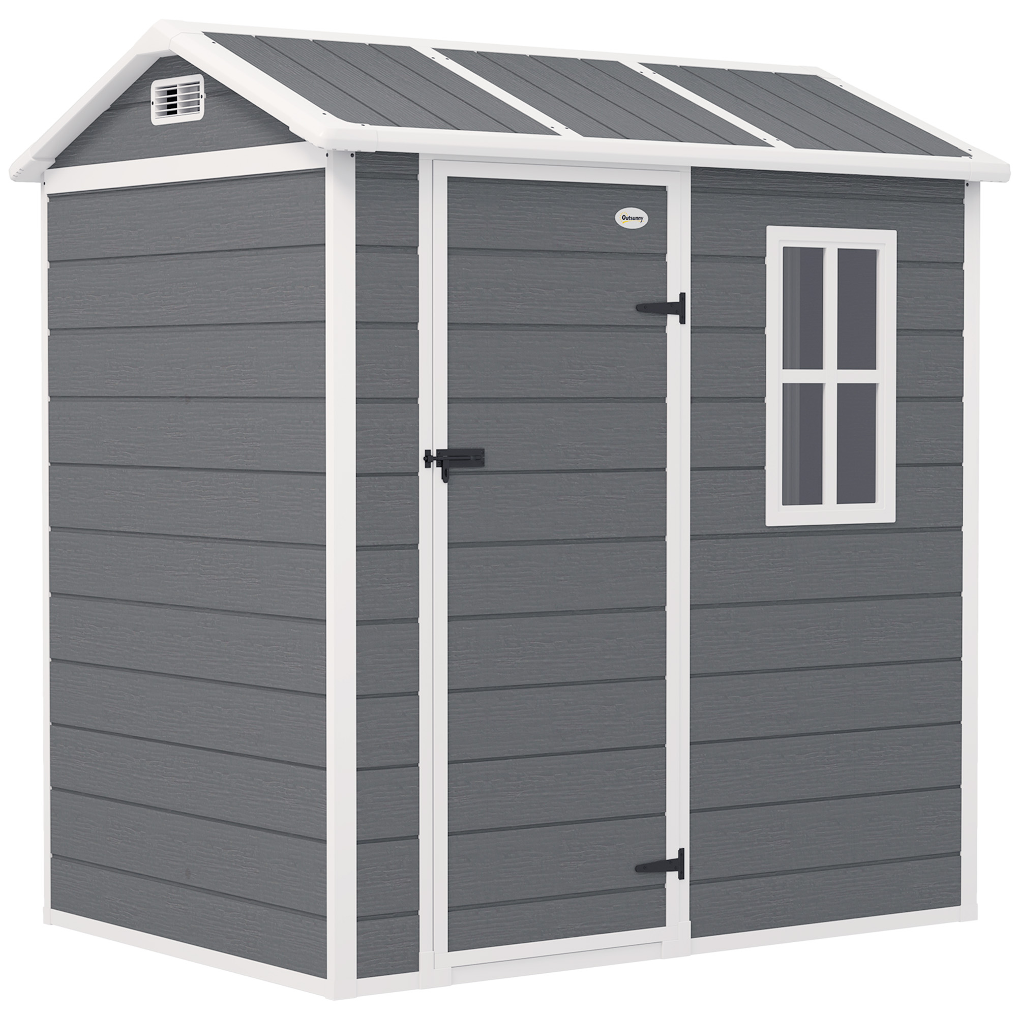 Outsunny Casetta da giardino, capanno con pavimento, finestra, porta richiudibile, resina plastica, resistente alle intemperie, Grigio Aosom Italy