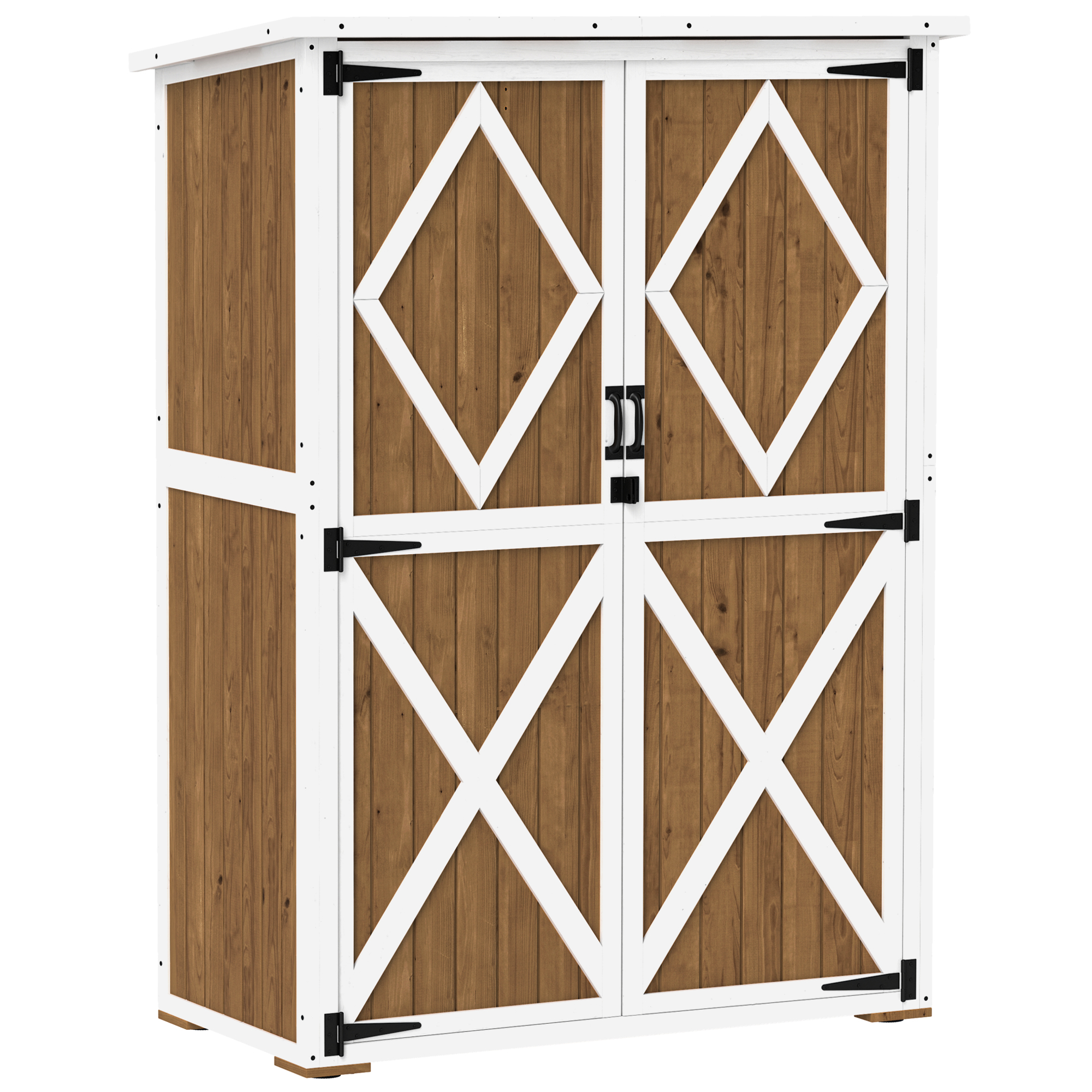Outsunny Casetta da Giardino con 2 Ripiani e 2 Porte, Armadio Porta Attrezzi da Esterno in Legno, 116.5x57x159/167 cm, Marrone e Bianco Aosom Italy