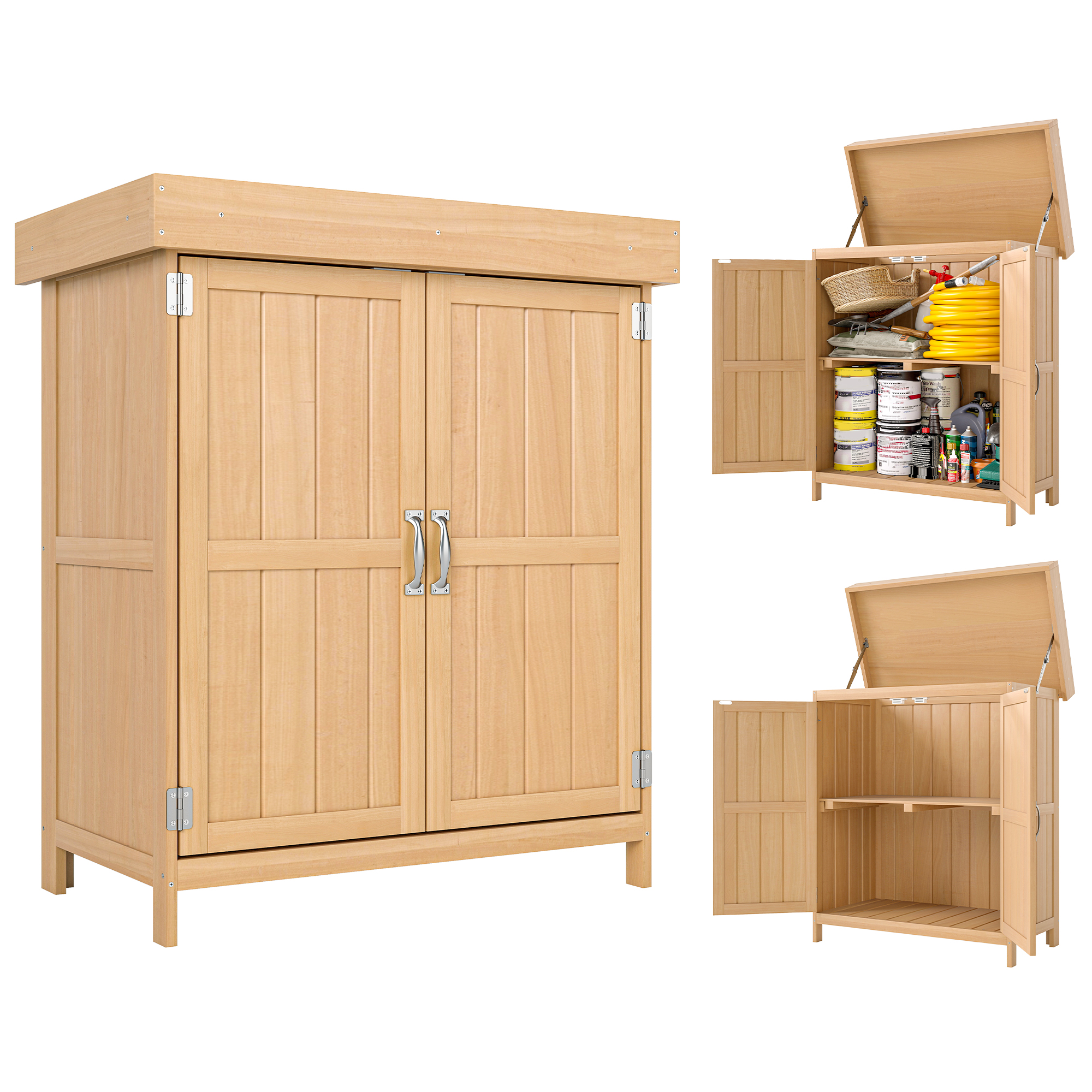 Outsunny Casetta da Giardino con Tetto apribile, Armadio a 2 Ripiani in Legno di Abete,74x43x88 cm, Legno naturale Aosom Italy