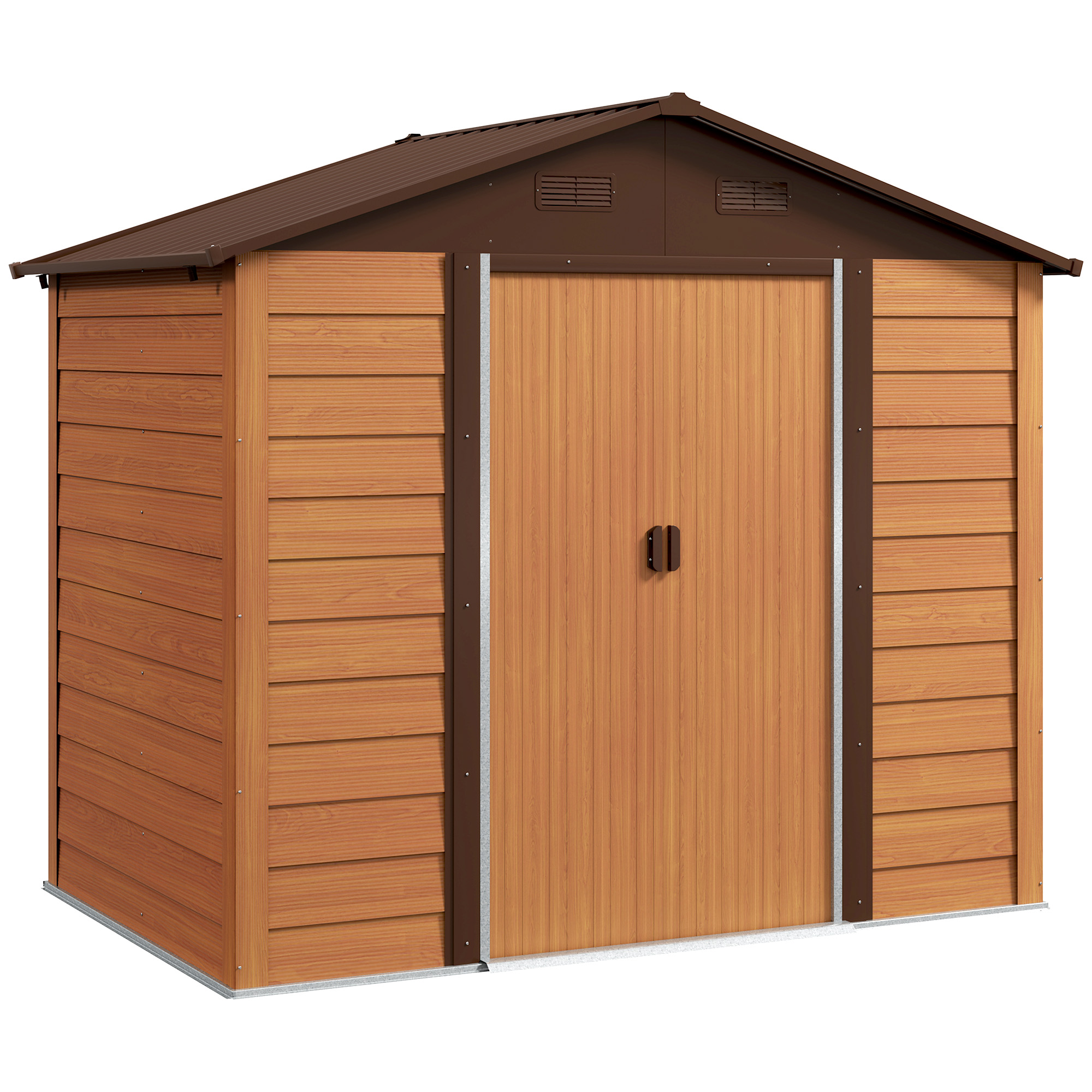 Outsunny Casetta da Giardino in Acciaio Effetto Legno con Doppie Porte Scorrevoli, 236x196x208 cm, Marrone Aosom Italy Outsunny Casetta da Giardino in Acciaio Effetto Legno con Doppie Porte Scorrevoli, 236x196x208 cm, Marrone Aosom Italy