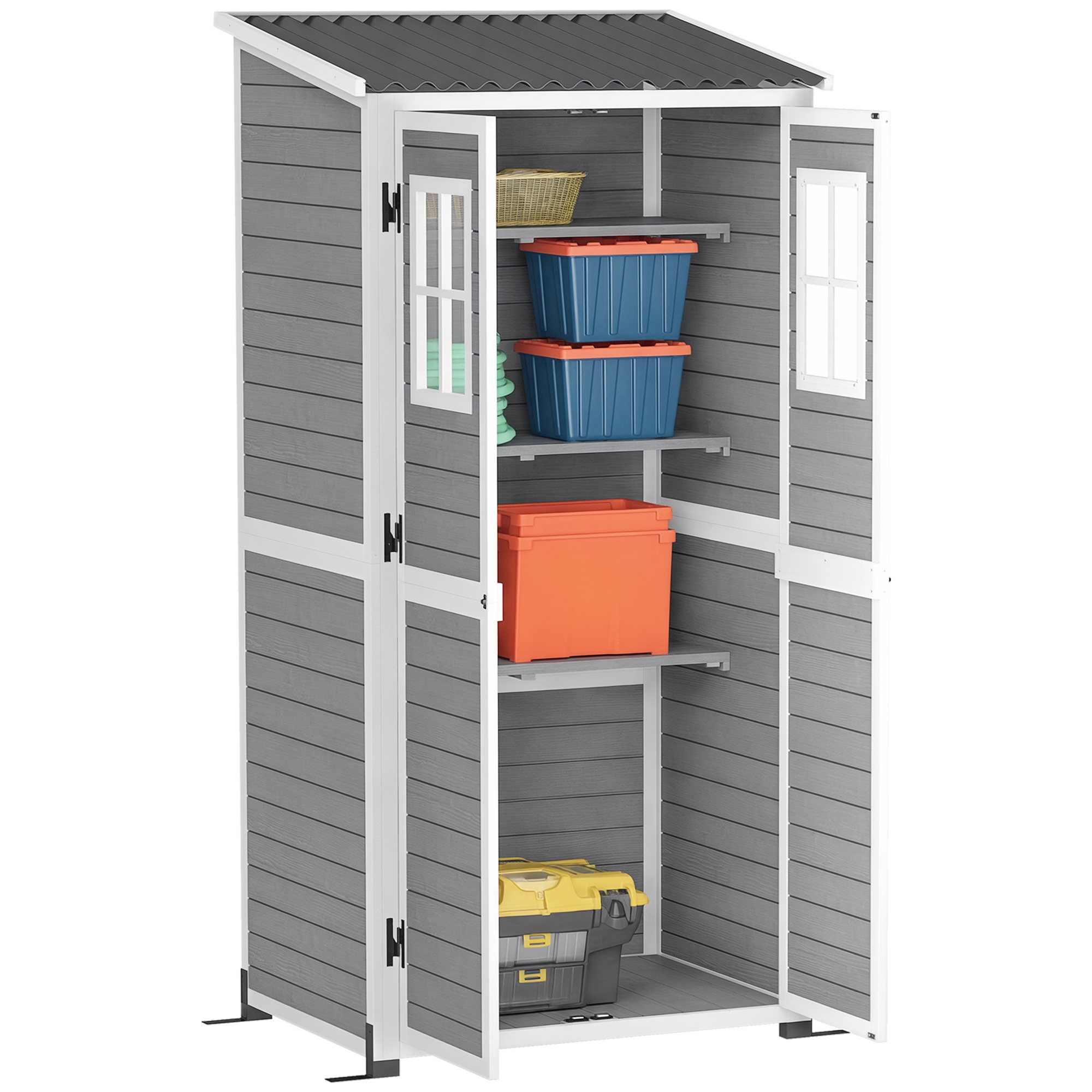 Outsunny Casetta da Giardino in Legno con Ripiani Regolabili, Armadio Porta Attrezzi da Esterno con Porte con Blocco e Finestre, Grigio Aosom Italy Outsunny Casetta da Giardino in Legno con Ripiani Regolabili, Armadio Porta Attrezzi da Esterno con Porte con Blocco e Finestre, Grigio Aosom Italy