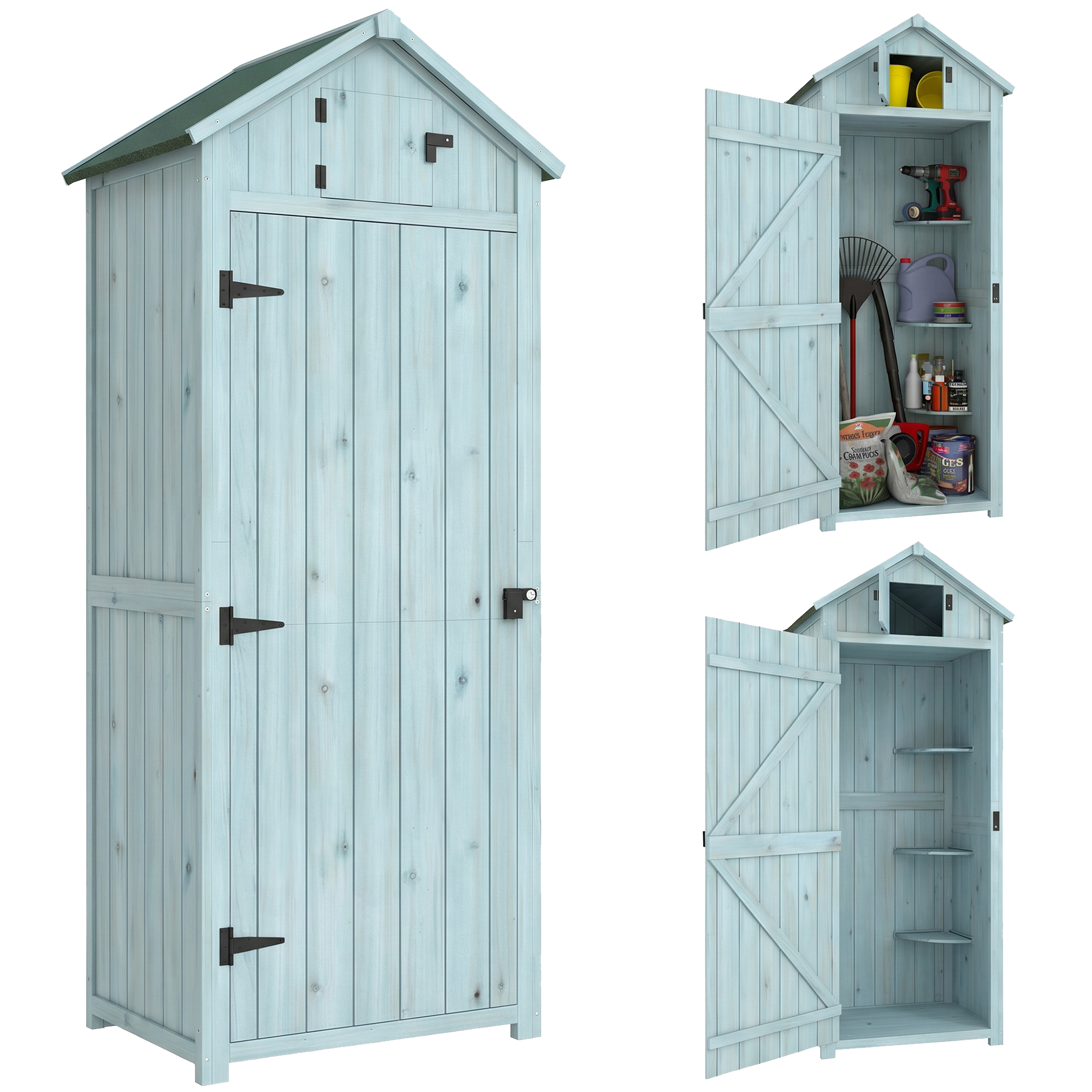 Outsunny Casetta da Giardino Porta Attrezzi in Legno con 3 Ripiani, 77x54.2x179 cm, Blu Outsunny Casetta da Giardino Porta Attrezzi in Legno con 3 Ripiani, 77x54.2x179 cm, Blu