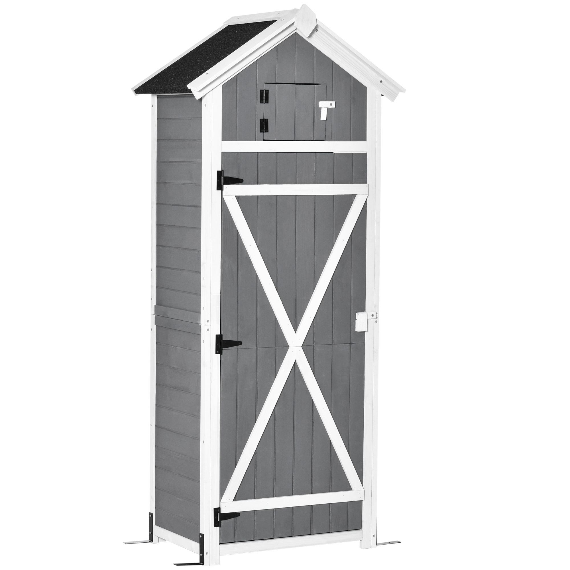 Outsunny Casetta da Giardino Porta Attrezzi in Legno di Abete con Ripiano Rimovibile, Tavolo da Lavoro e Tetto in Bitume, 78x52.5x182 cm, Grigia