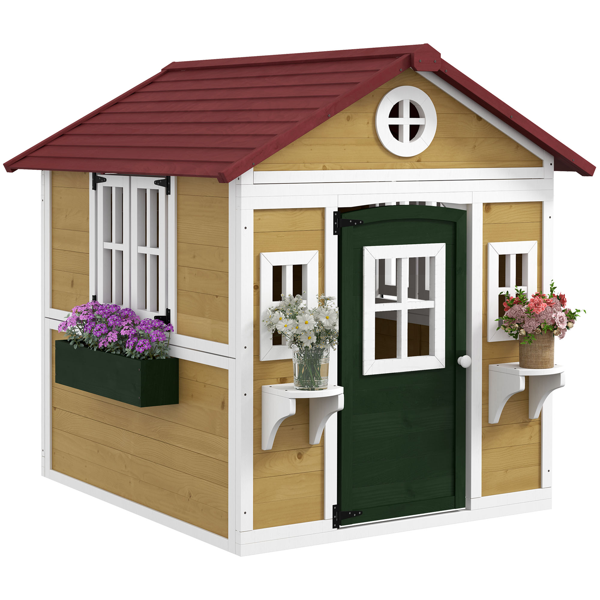 Outsunny Casetta in Legno per Bambini con Porta, Finestre, Fioriere e Mensole con Dettagli Colorati 114x126,4x135 cm Naturale Aosom Italy
