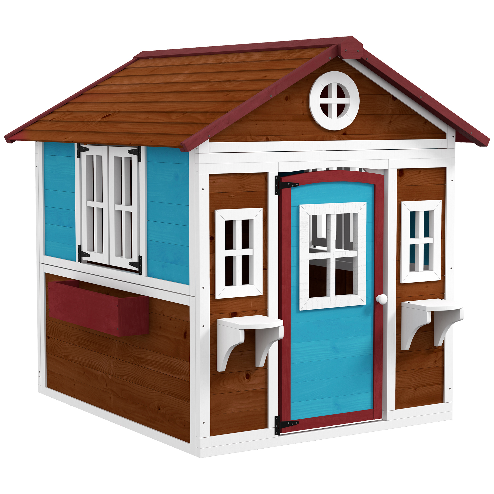 Outsunny Casetta in Legno per Bambini con Porta Finestre Fioriere e Ripiani con Dettagli Colorati 114x126,4x135 cm Marrone Scuro Aosom Italy