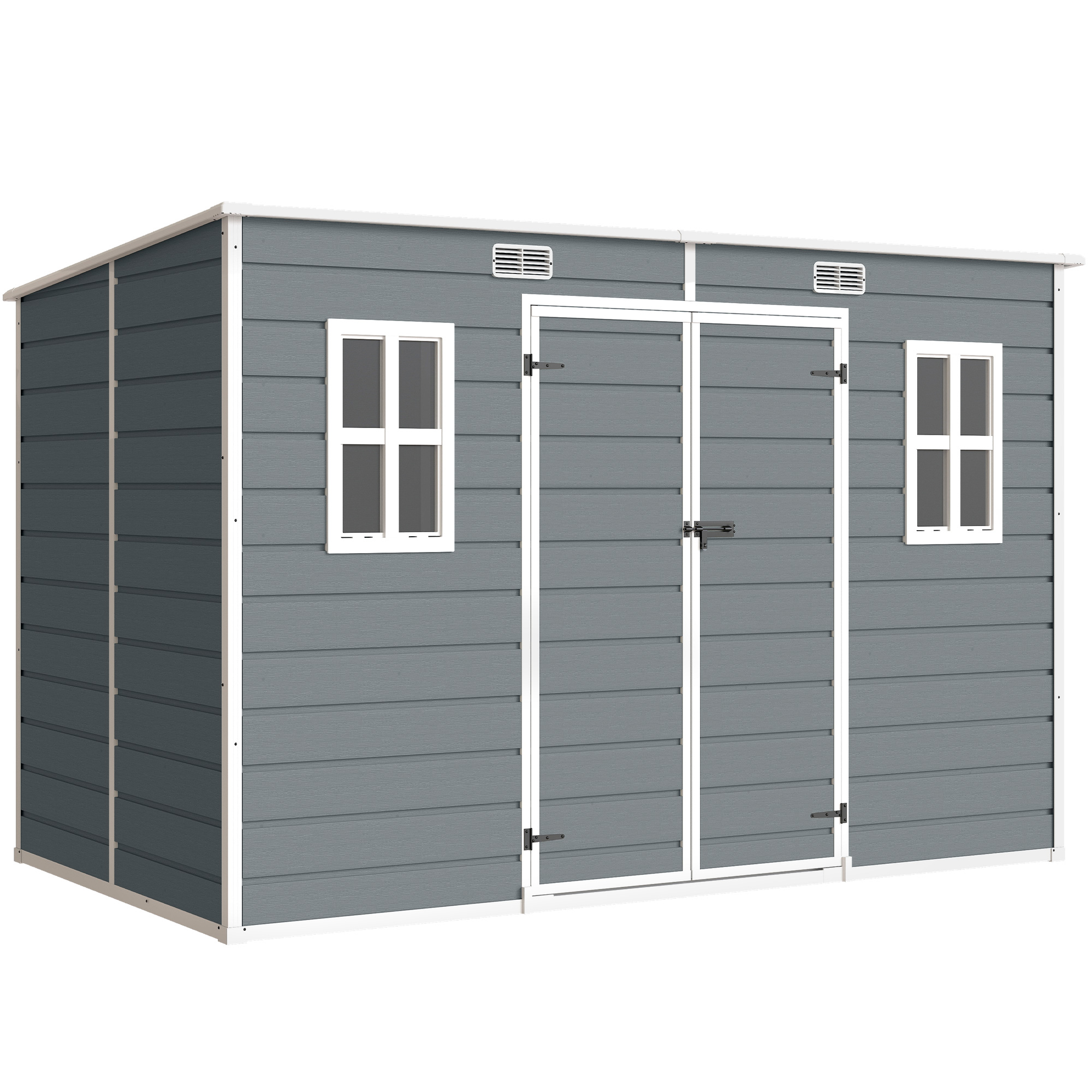 Outsunny Casetta per Attrezzi a 2 Ingressi con Finestre e Prese d'Aria, in PP e Alluminio, 303x183x184 cm, Grigio Aosom Italy Outsunny Casetta per Attrezzi a 2 Ingressi con Finestre e Prese d'Aria, in PP e Alluminio, 303x183x184 cm, Grigio Aosom Italy