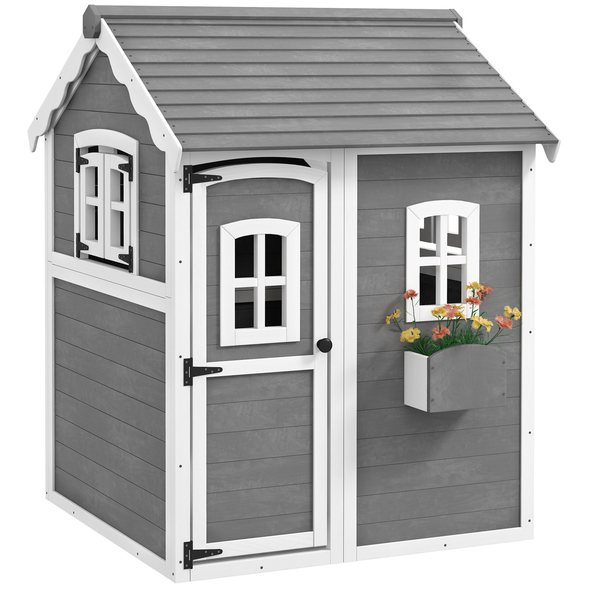 Outsunny Casetta per Bambini 3-8 Anni con 6 Finestre e Fioriera, in Legno di Abete, 104.5x110x137 cm, Grigia Aosom