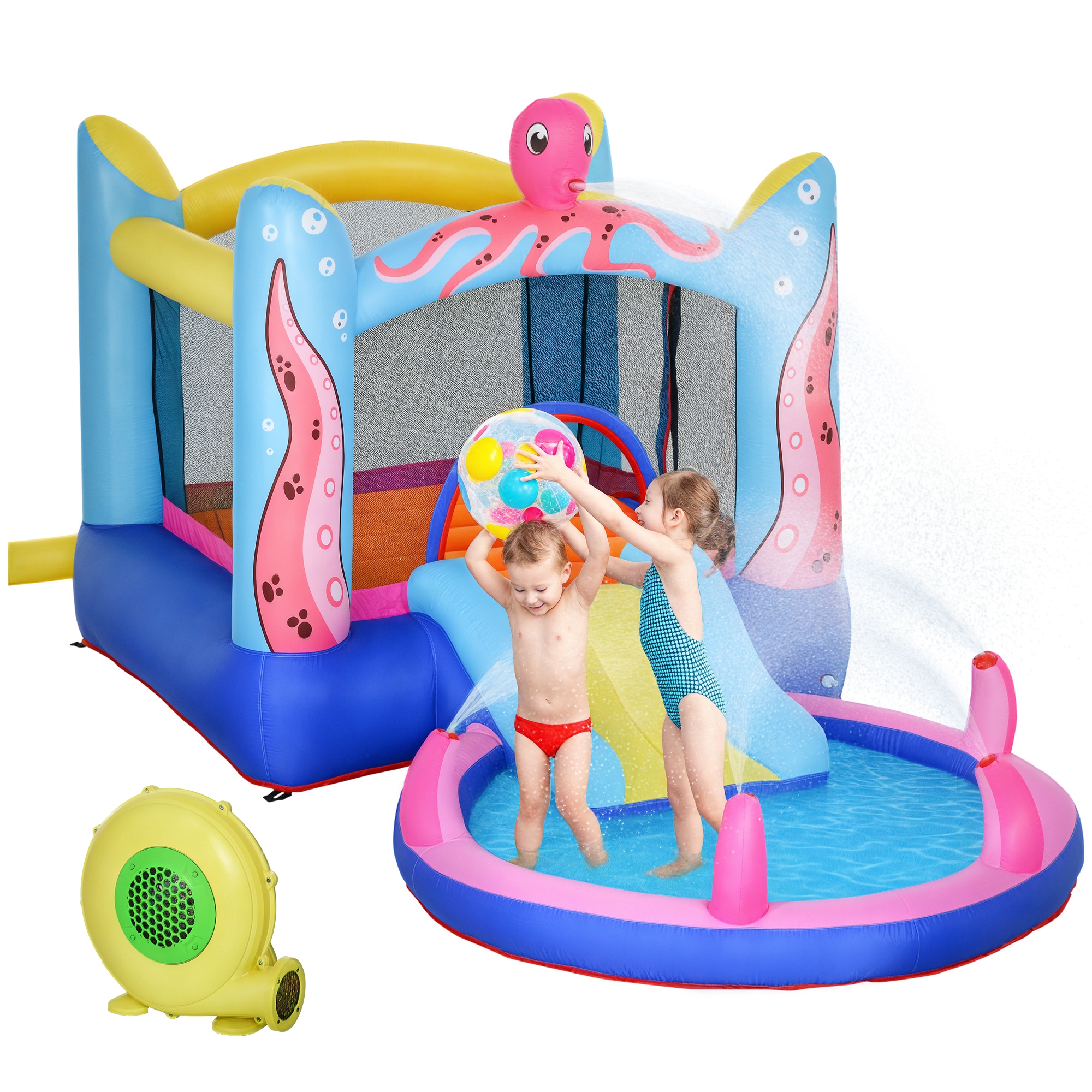 Outsunny Castello Gonfiabile Gigante e Rimbalzante per Bambini 3-8 Anni con Scivolo, Piscina e Gonfiatore 3.6x1.75x1.8m