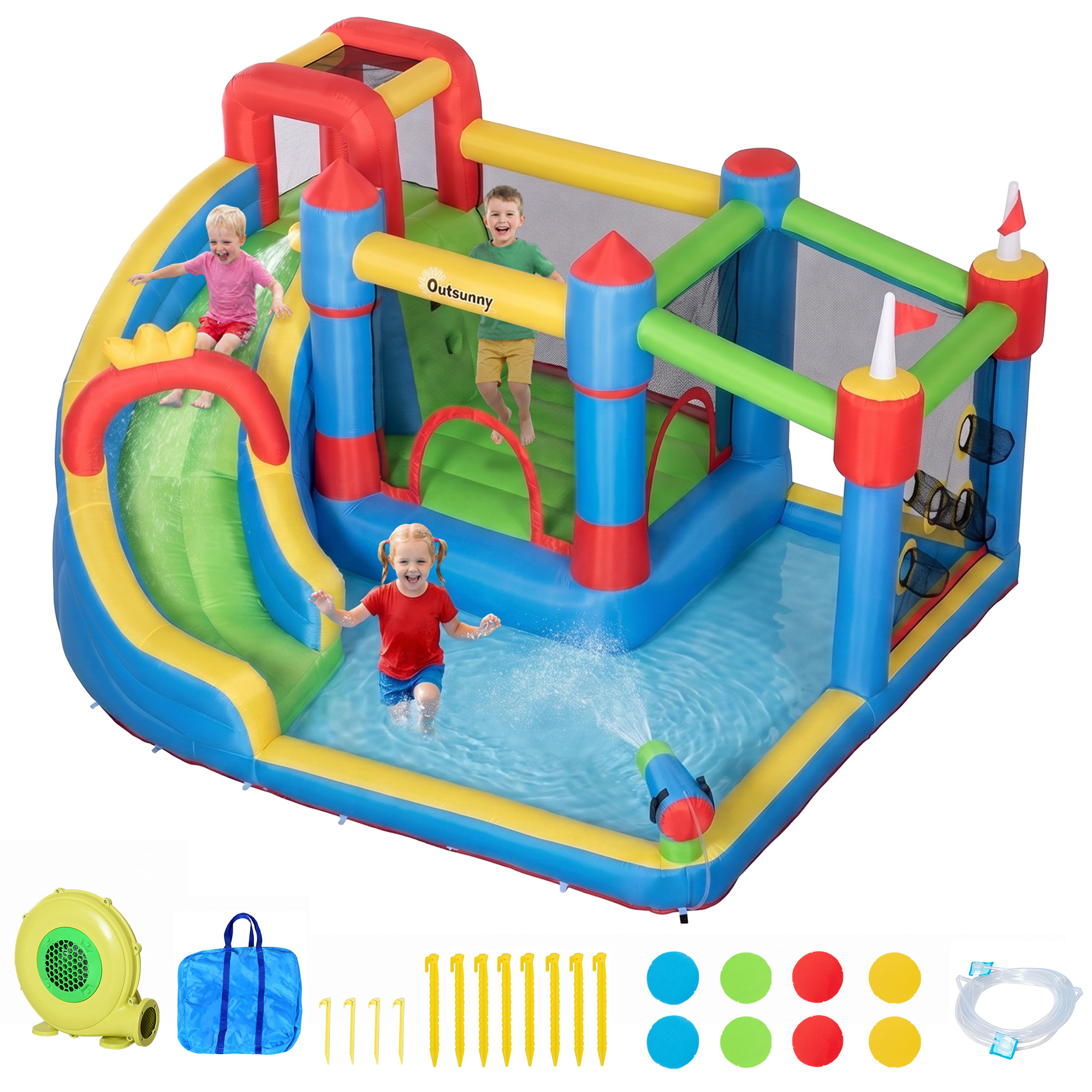 Outsunny Castello Gonfiabile per Bambini 5 in 1 con Scivolo, Trampolino, Piscina e Pistola ad Acqua, Gonfiatore e Picchetti Inclusi, Età 3-8 Anni