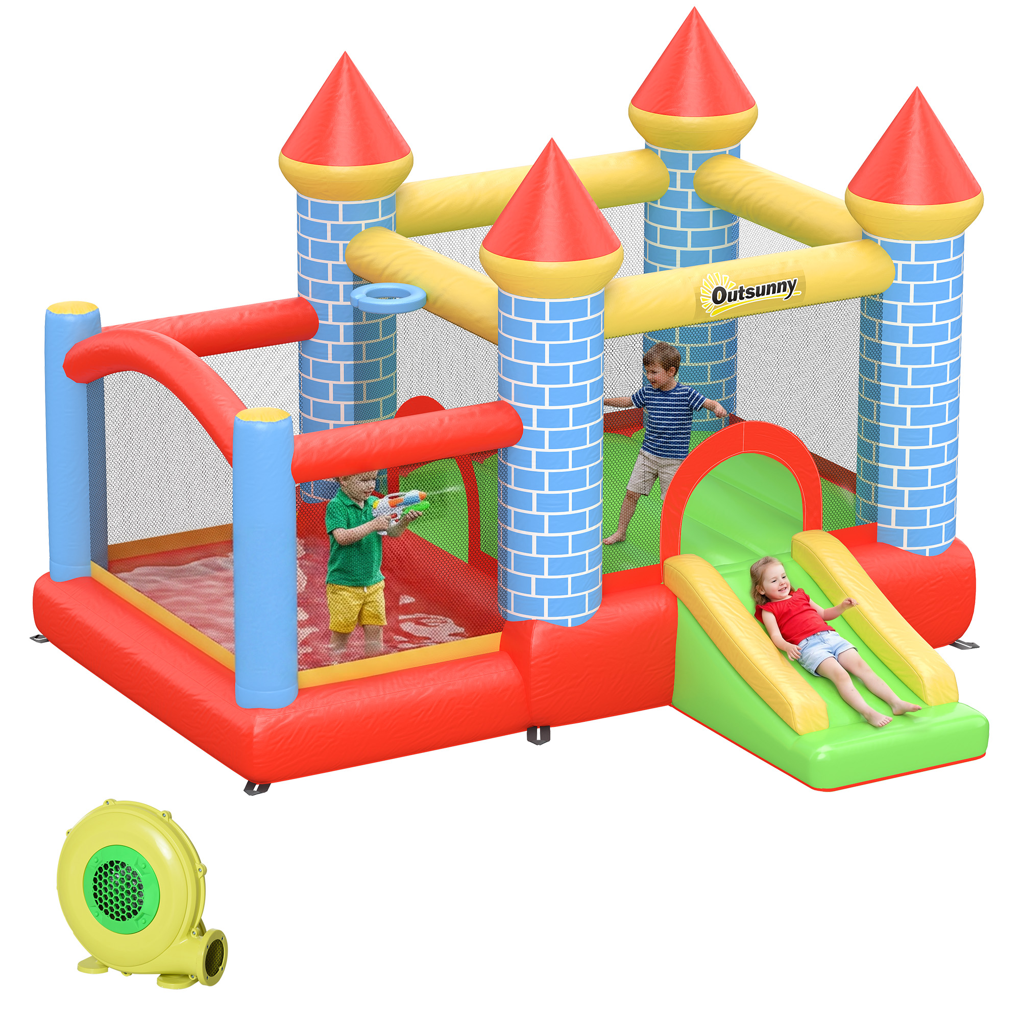 Outsunny Castello Gonfiabile rapido e Rimbalzante per 3-8 Anni con Scivolo e trampolino, Piscina e Canestro, 280x260x210 cm, colorato Aosom Italy