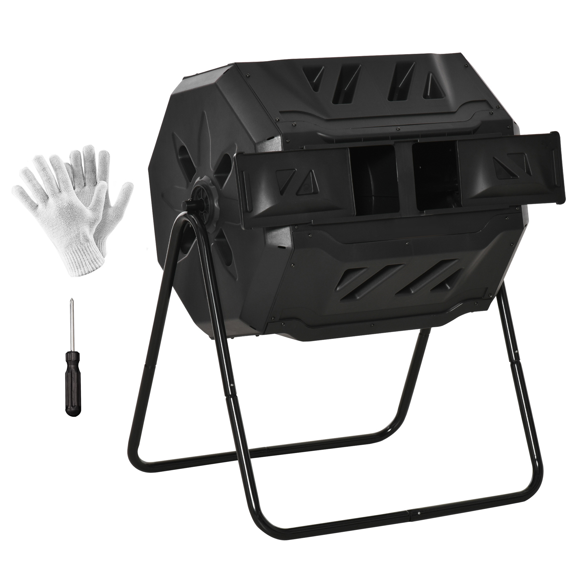 Outsunny Compostiera Domestica da 160L, Compostiera da Giardino e da Balcone in Plastica PP Nera, Bidone per Compost Girevole, 71x64x92cm Aosom
