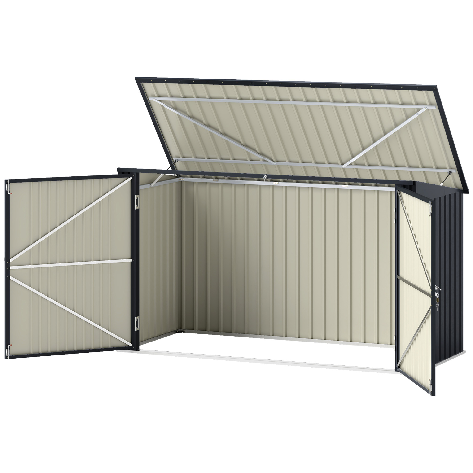 Outsunny Copribidoni in Acciaio per 3 Cassonetti da 240L con 2 Porte e Coperchio, 233x105x118.5/133 cm, Grigio Scuro Outsunny Copribidoni in Acciaio per 3 Cassonetti da 240L con 2 Porte e Coperchio, 233x105x118.5/133 cm, Grigio Scuro