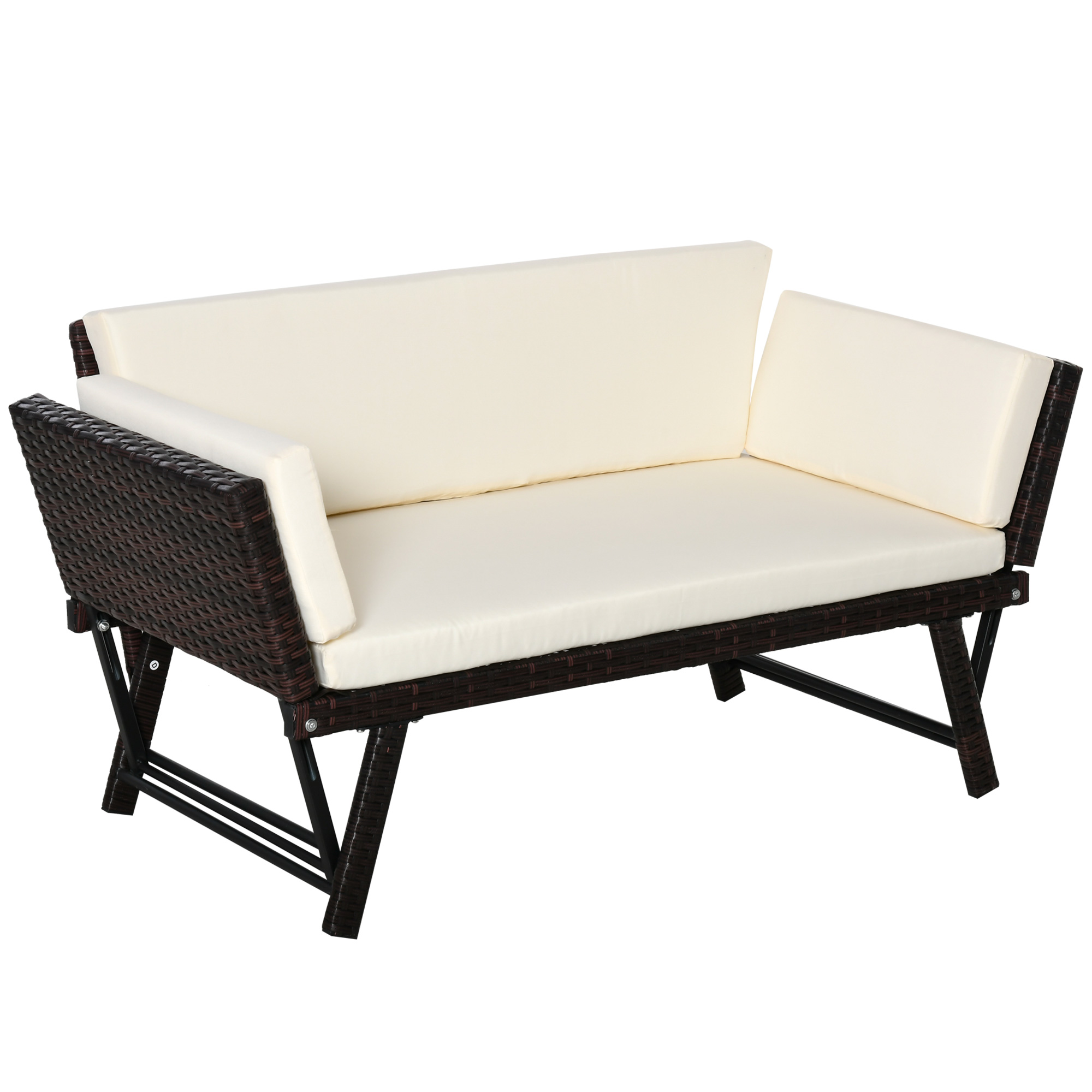 Outsunny Divano 2 Posti da Giardino in Rattan Bianco e Marrone, con Braccioli Estensibili, 129x63x67cm, Confortevole Aosom