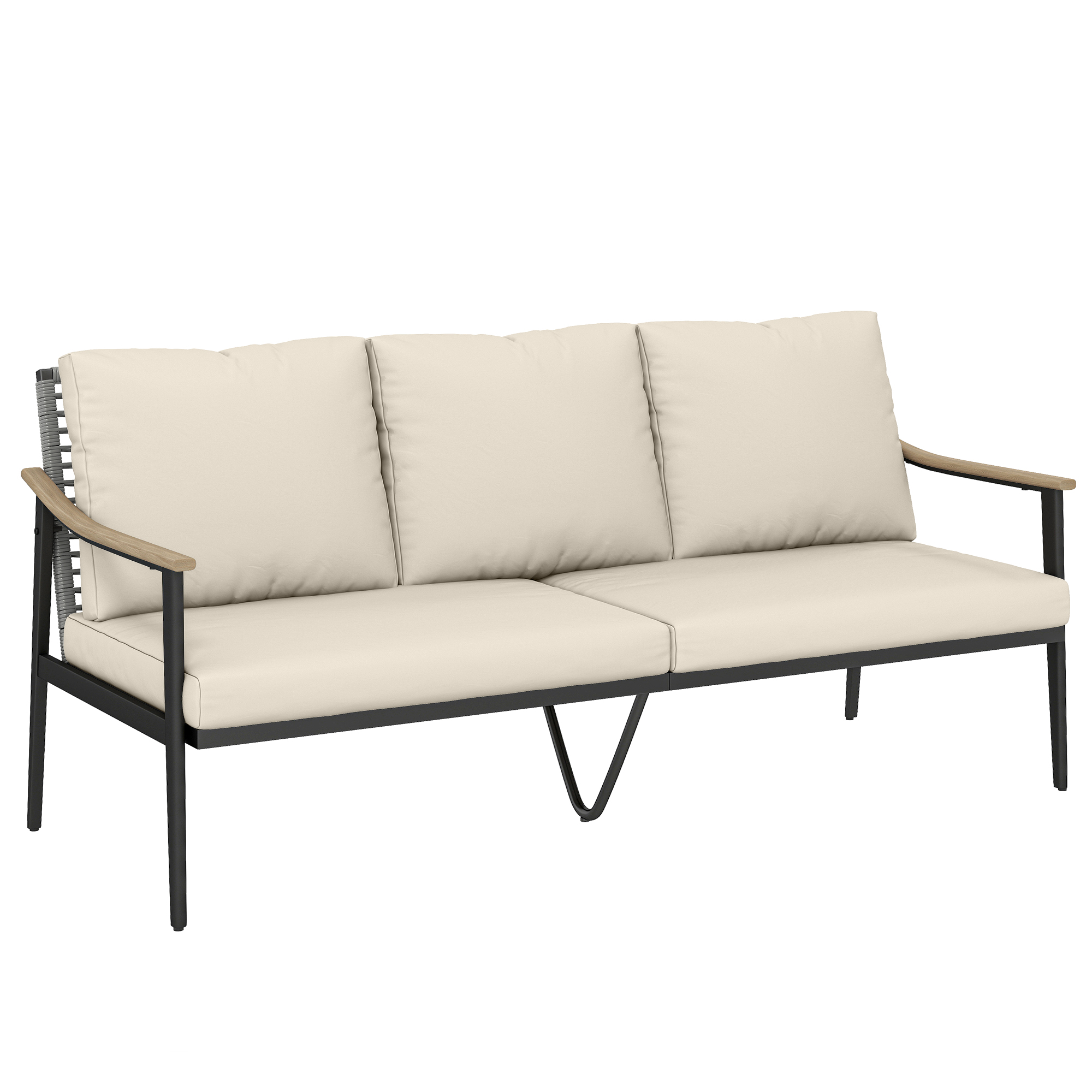 Outsunny Divano da Esterno a 3 Posti in Rattan con Braccioli Effetto Legno e Schienale, per Veranda, Cortile, Cachi Aosom Italy