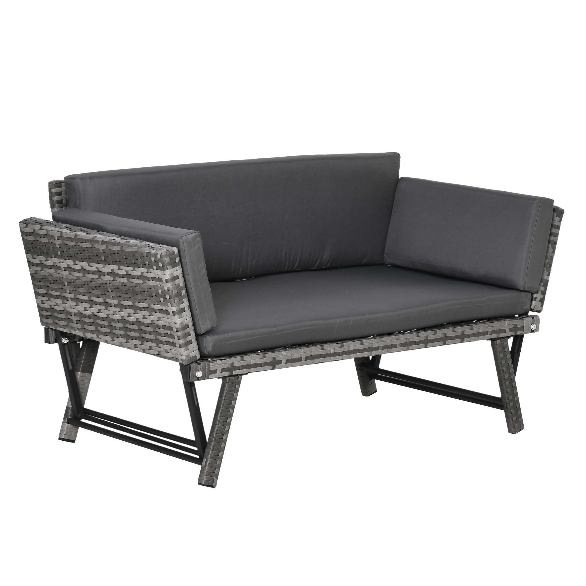 Outsunny Divano da Giardino 2 Posti in Rattan con Imbottitura e Braccioli Ribaltabili, 129x63x67cm, Grigio Aosom