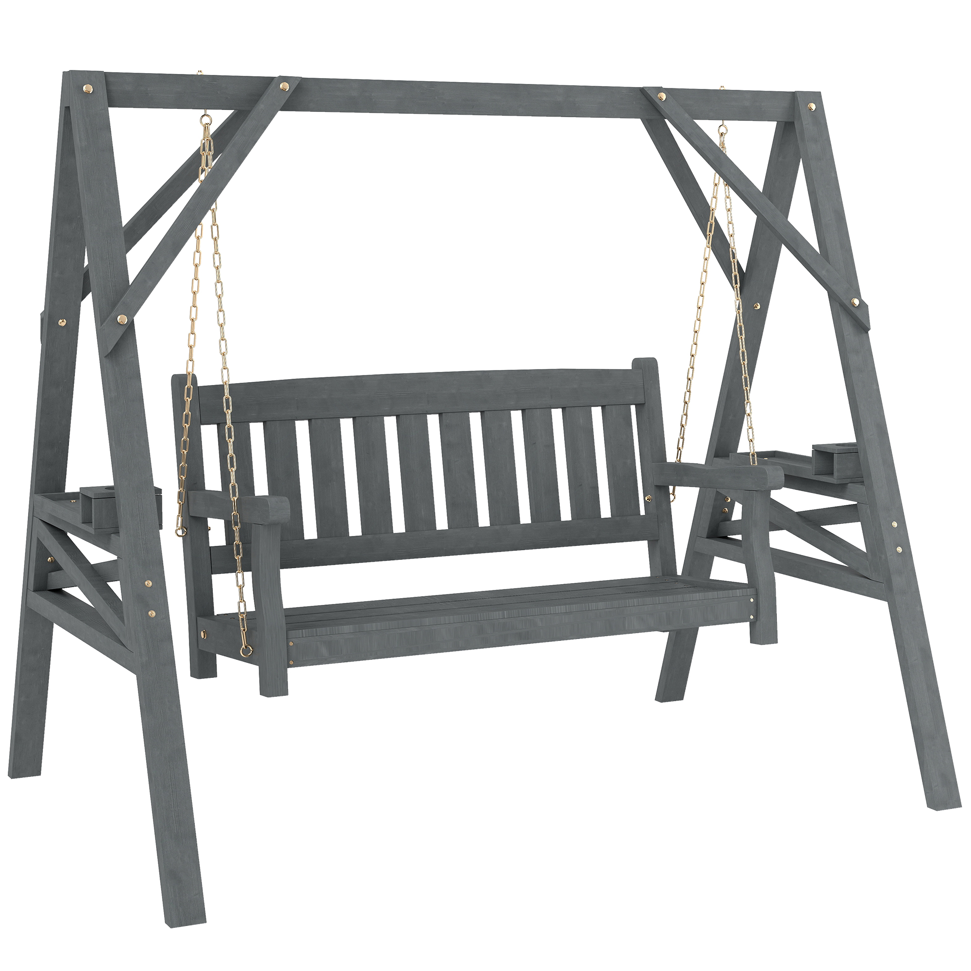Outsunny Dondolo da giardino 2 posti, Panca a dondolo in legno con ripiani, portabicchieri e catene metalliche, Grigio Aosom Italy