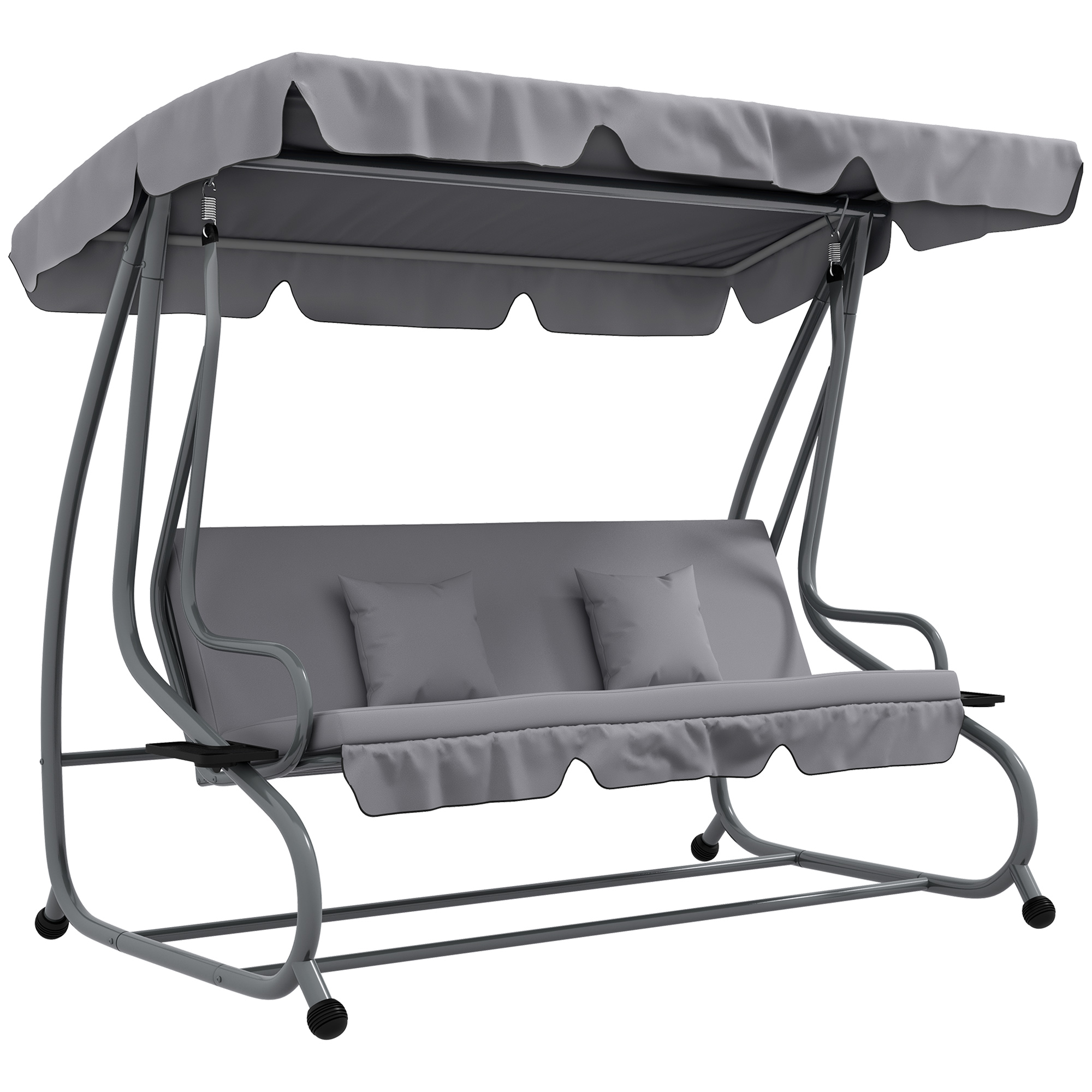 Outsunny Dondolo Letto da Giardino con Tettuccio Regolabile e Vassoi, in Acciaio e Poliestere, 200x120x164 cm, Grigio Aosom