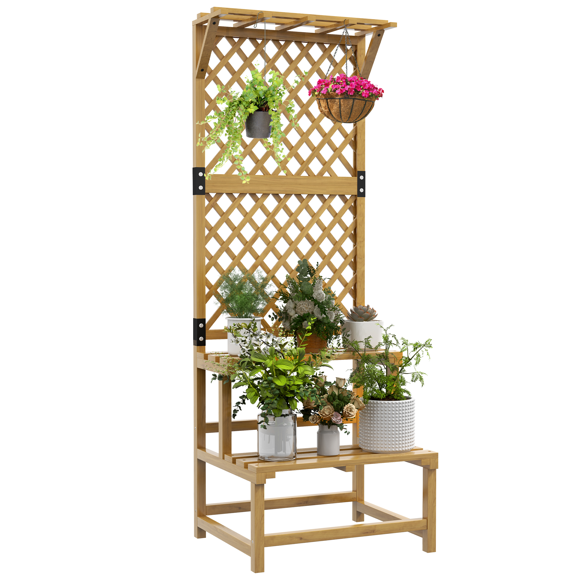 Outsunny Fioriera con Grigliato a 2 Livelli con Tetto e Ripiani a Doghe, in Legno di Abete, 60x50x166 cm Aosom