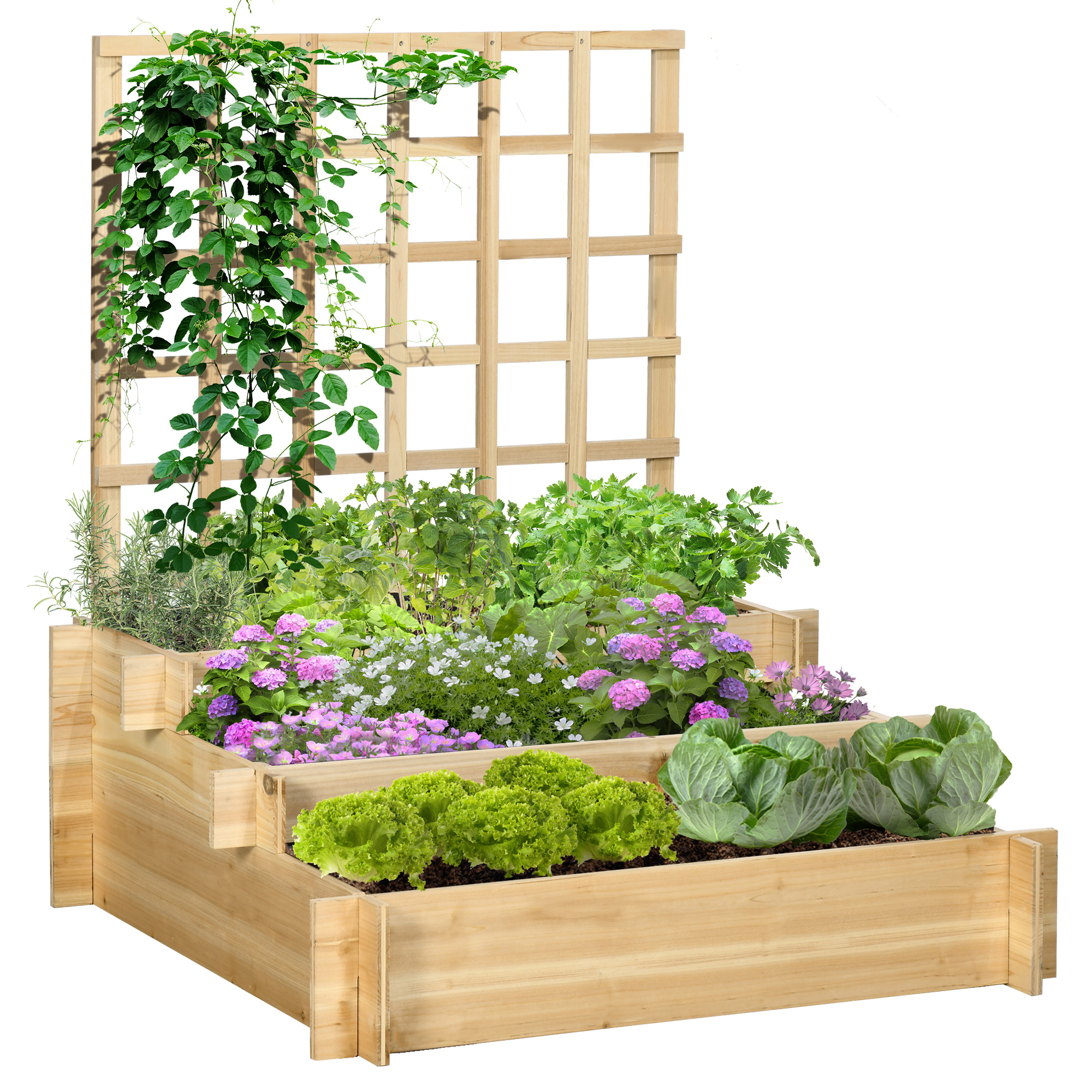 Outsunny Fioriera da Esterno a 3 Livelli con Grigliato in Legno di Abete e Tessuto non Tessuto, 95x95x110 cm Aosom