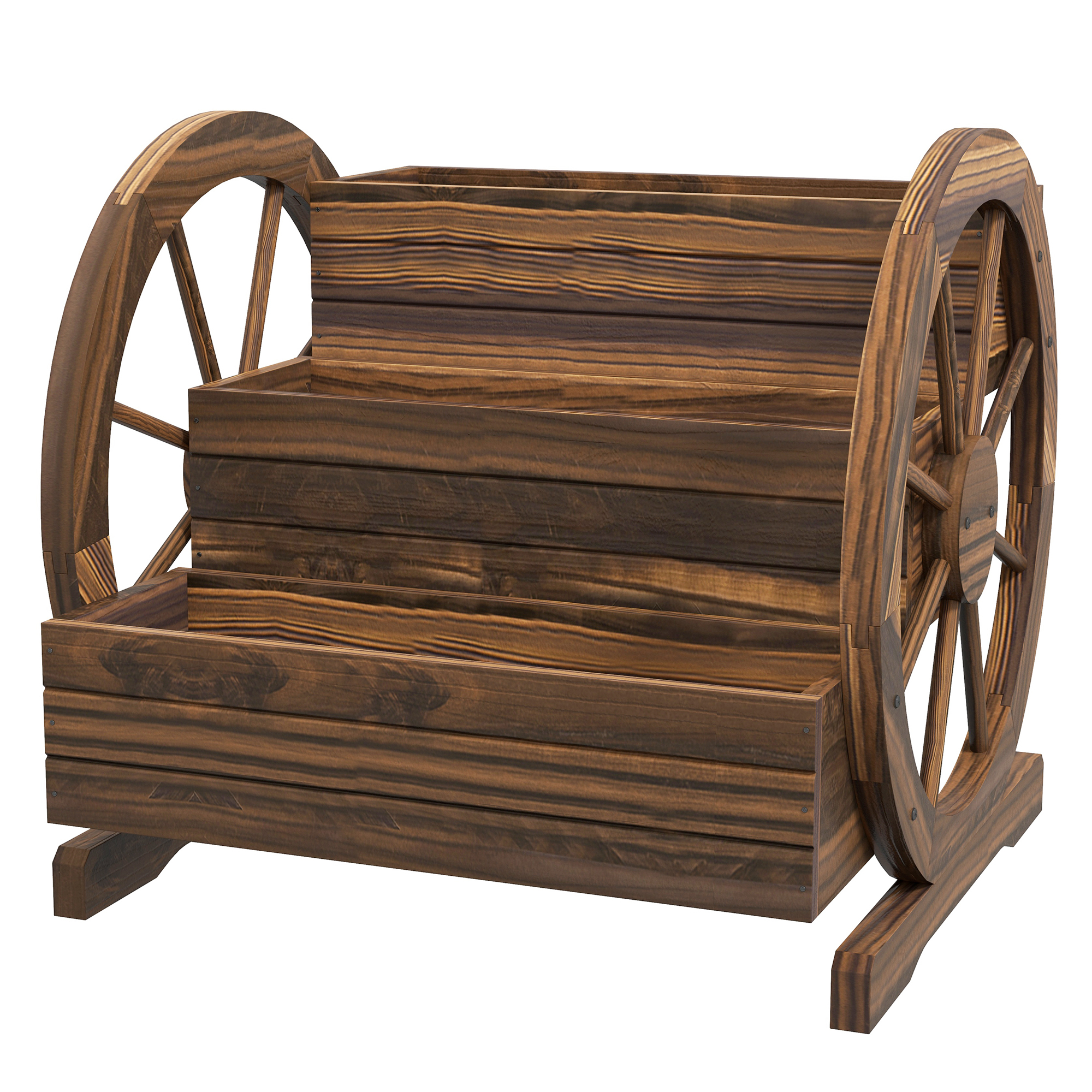 Outsunny Fioriera da Esterno a 3 Livelli con Ruote Decorative in Legno di Abete Carbonizzato, 62x61x57 cm Aosom Italy