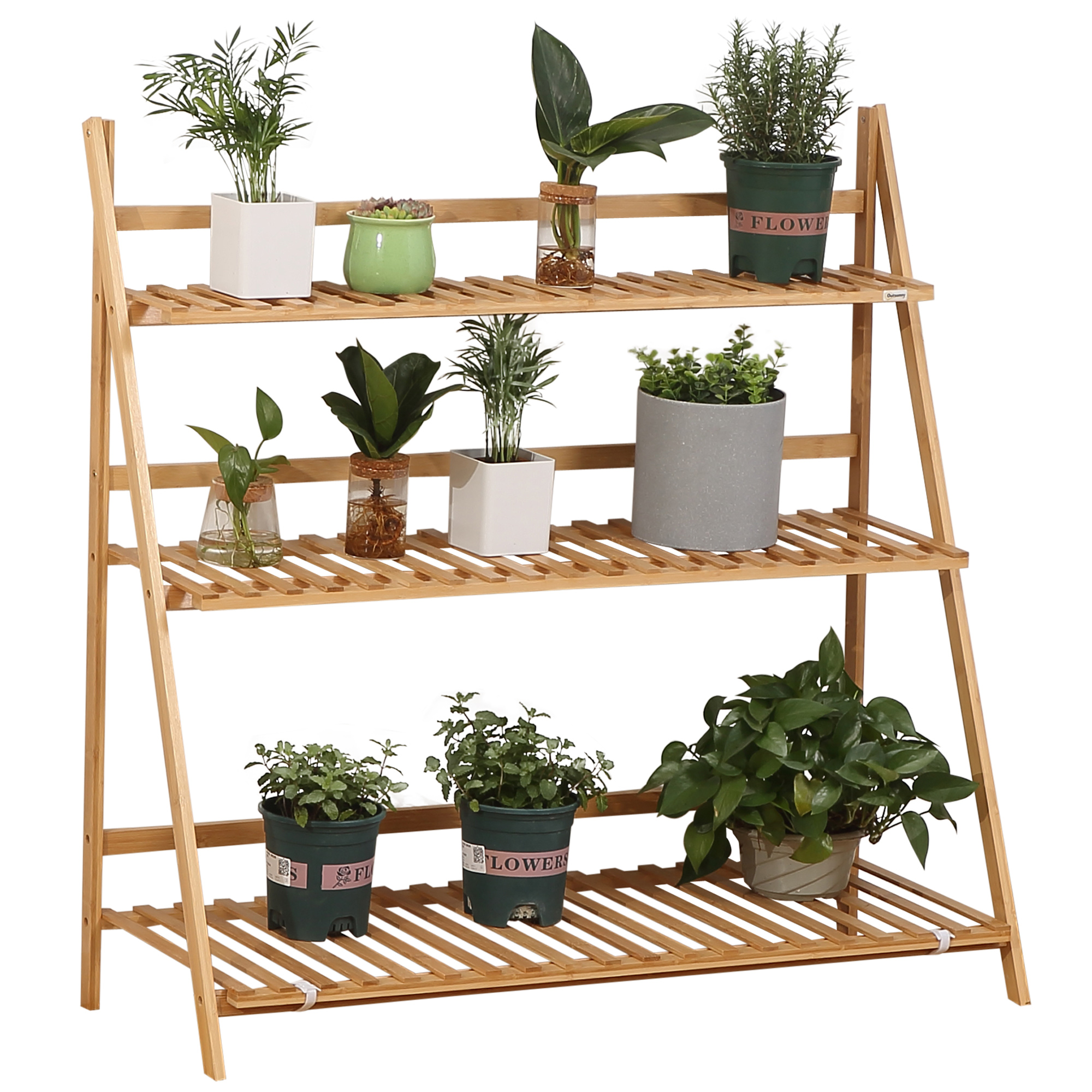 Outsunny Fioriera da Esterno a 3 Livelli in Bambù con Design Rialzato e Pieghevole, 98x37x96.5 cm, color Legno Aosom