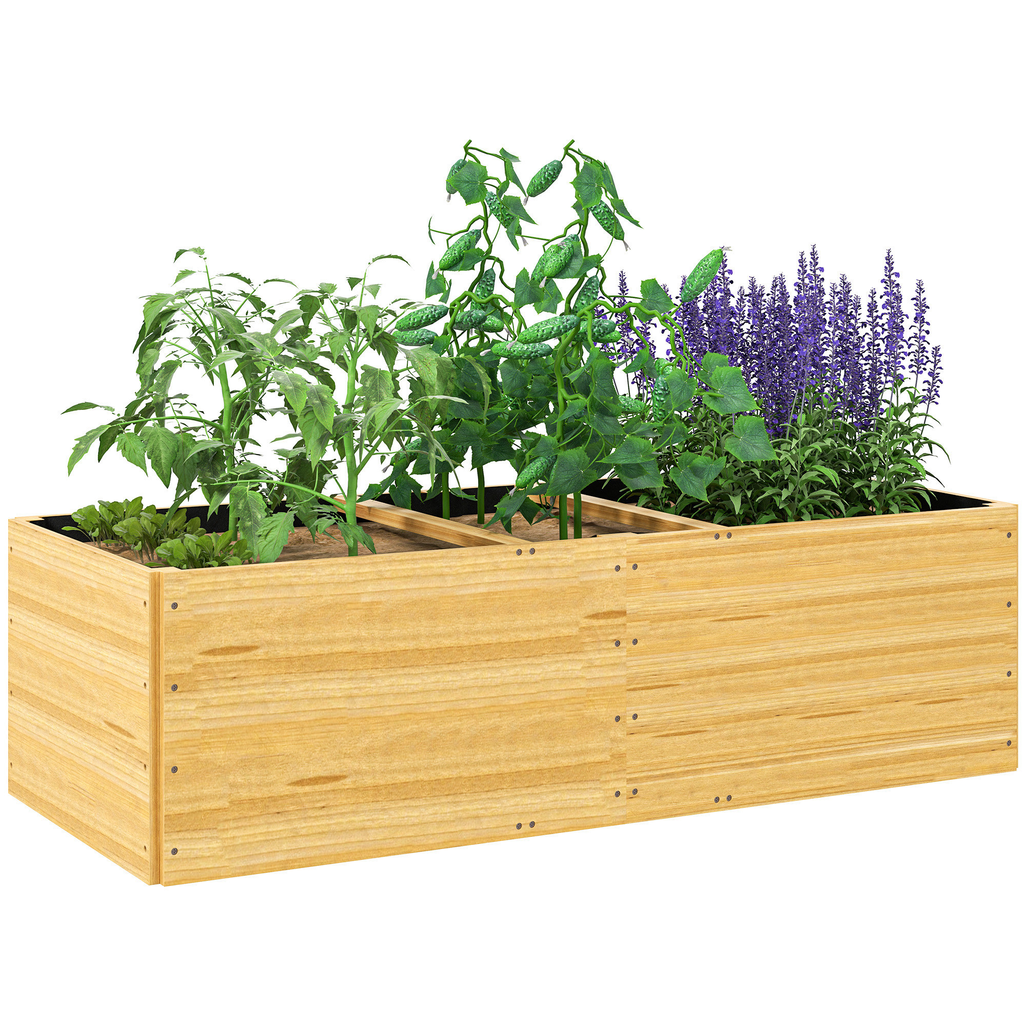 Outsunny Fioriera da Esterno in Legno di Abete Divisa in 3 Aree con Strato in Tessuto non Tessuto, 140x60x40 cm