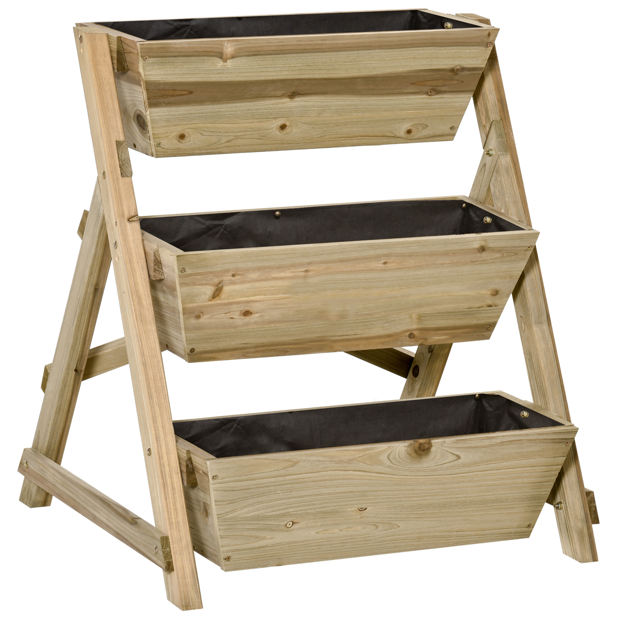 Outsunny Fioriera da Giardino a 3 Livelli con Feltro Drenante Geotessile, in Legno di Abete, 71x61x77 cm Aosom