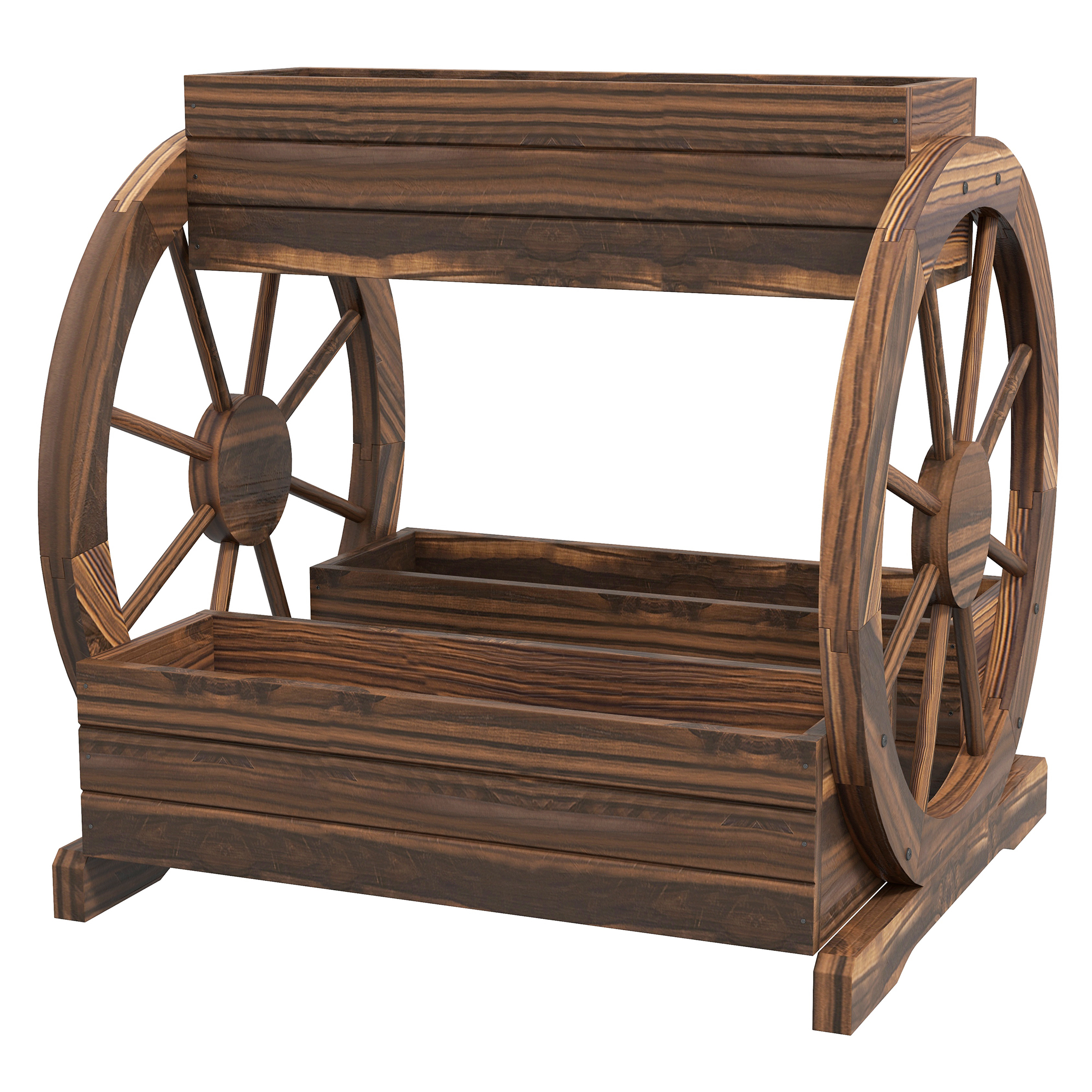 Outsunny Fioriera in Legno da Esterno a 2 Livelli con 3 Vasi e Ruote di Carro Stile Country, 64x54x60cm Aosom
