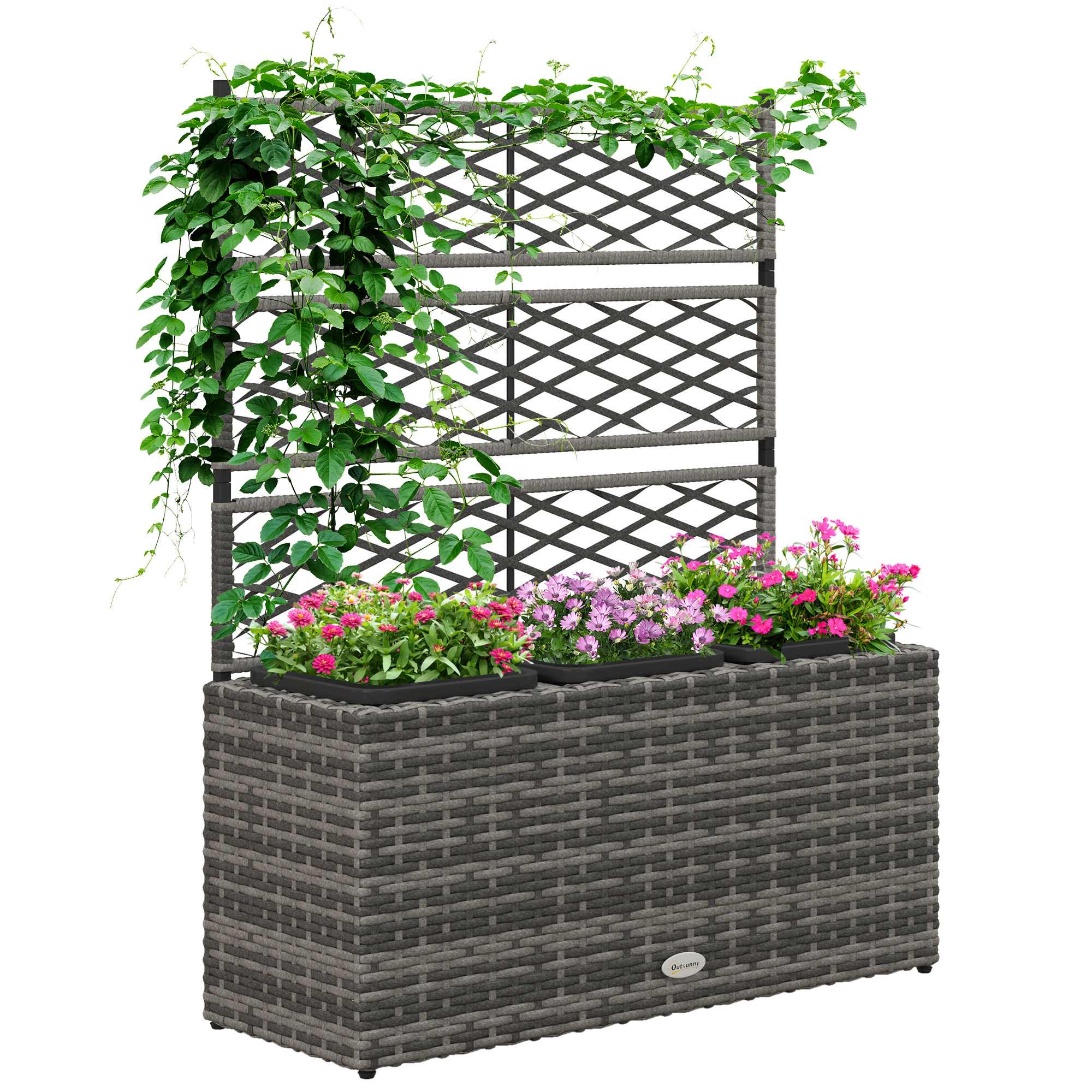 Outsunny Fioriera per piante con trellis 3 vasche da 33L in resina intrecciata e acciaio dim. 84L x 30L x 107H cm