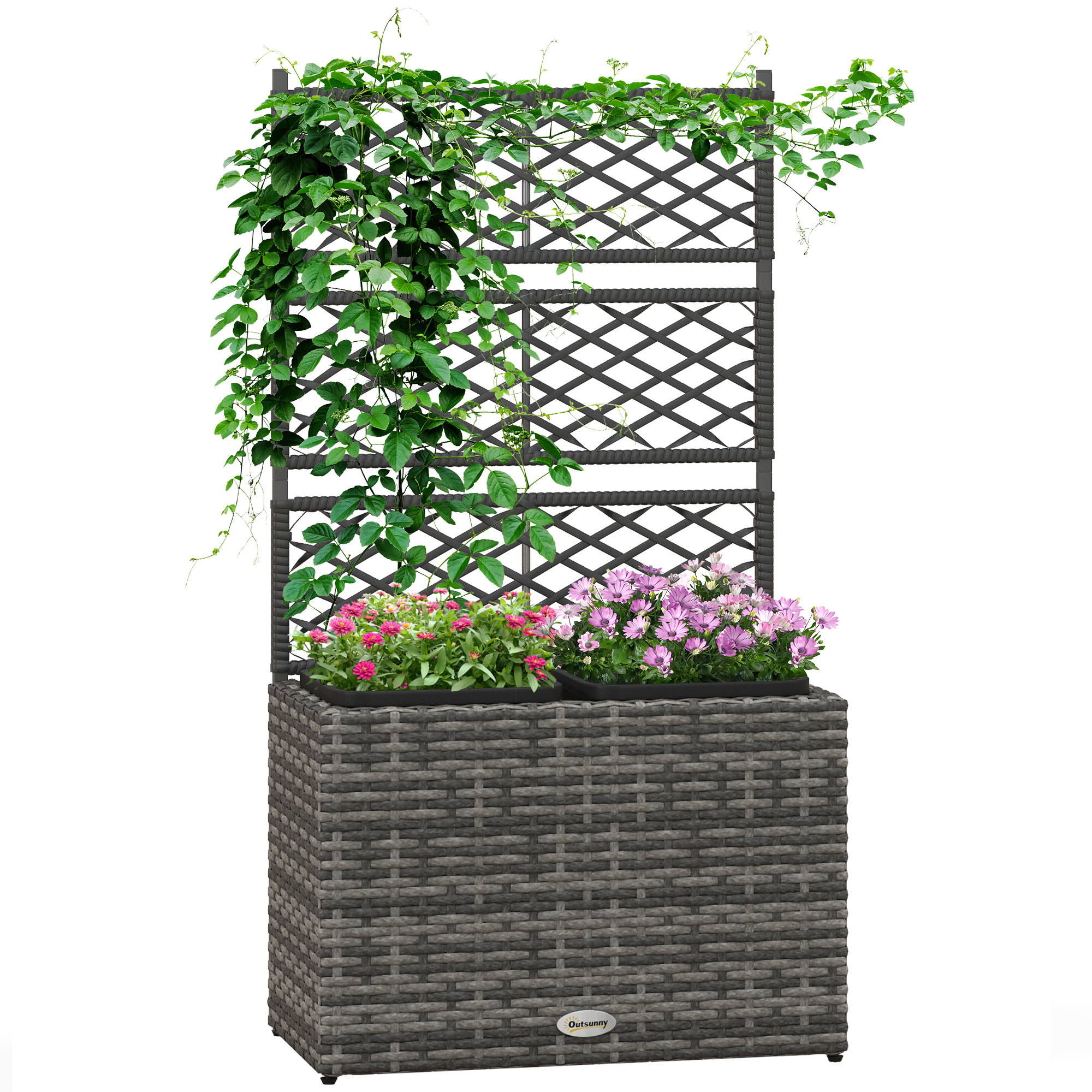 Outsunny Fioriera per piante con trespolo 3 vasi in resina intrecciata e acciaio zincato 57 x 30 x 107 cm grigio
