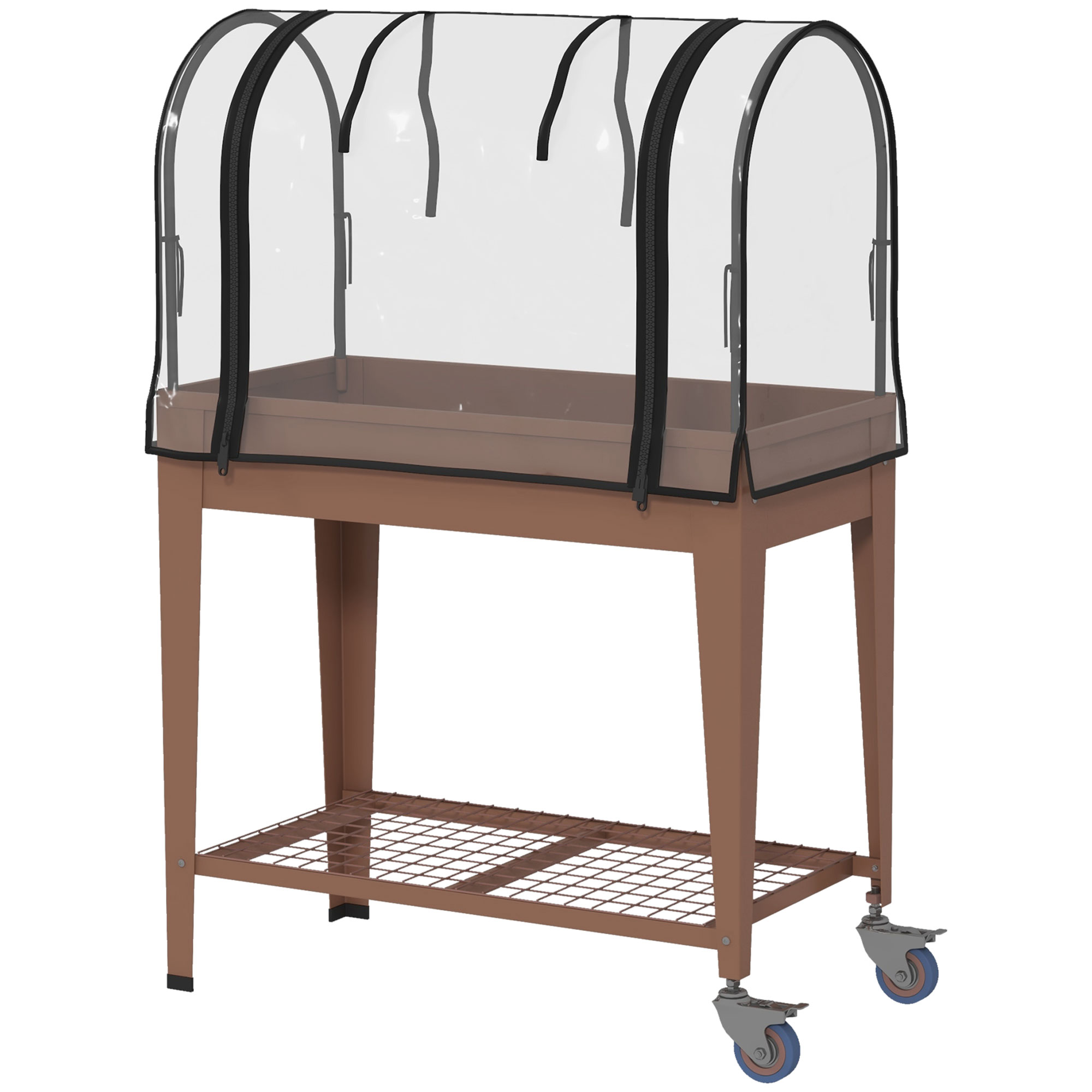 Outsunny Fioriera Rialzata con Mini Serra per Piante, Ruote e Ripiano, 80x40x120cm, Marrone Aosom