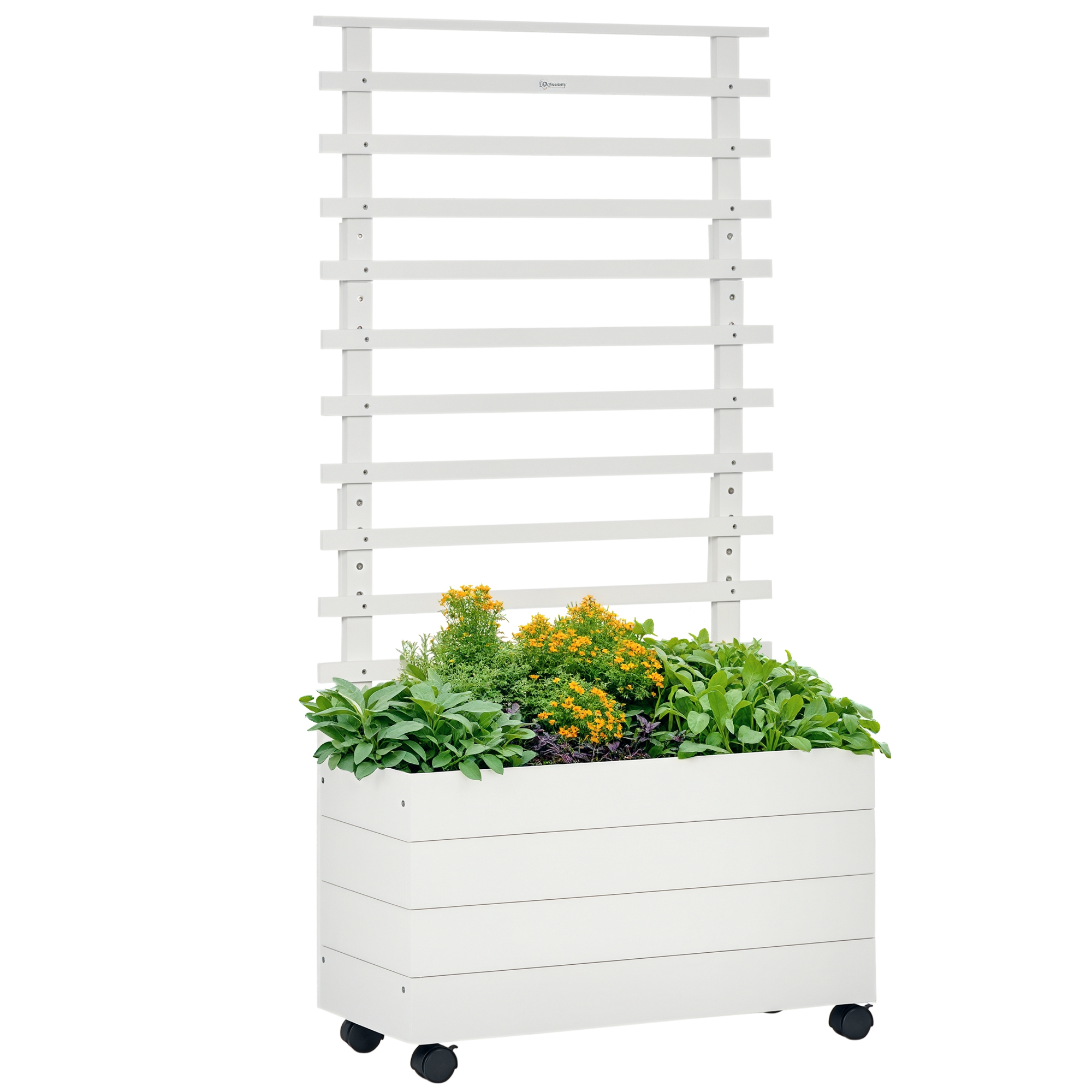 Outsunny Fioriera Verticale con 4 Ruote e Traliccio per Piante Rampicanti in Legno, 76x30x155cm, Bianco Aosom
