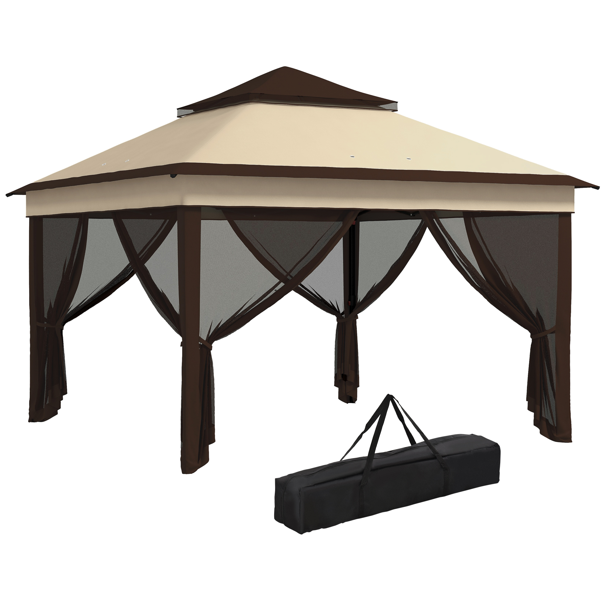 Outsunny Gazebo 3x3 Regolabile su 3 Livelli con Pareti Rimovibili, in Acciaio e tessuto Oxford, color Caffè e Beige