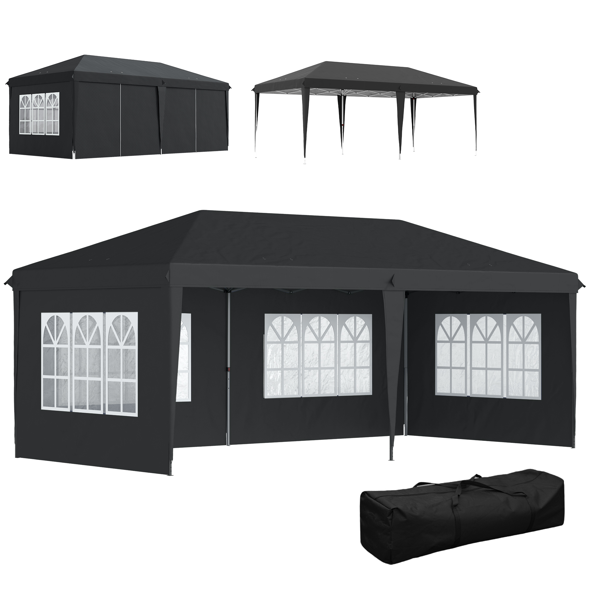 Outsunny Gazebo ca. 3x6 m Impermeabile Pop-up Gazebo Pieghevole con 4 Pareti, Finestre Protezione UV Sacca per il Trasporto Nero Aosom Italy