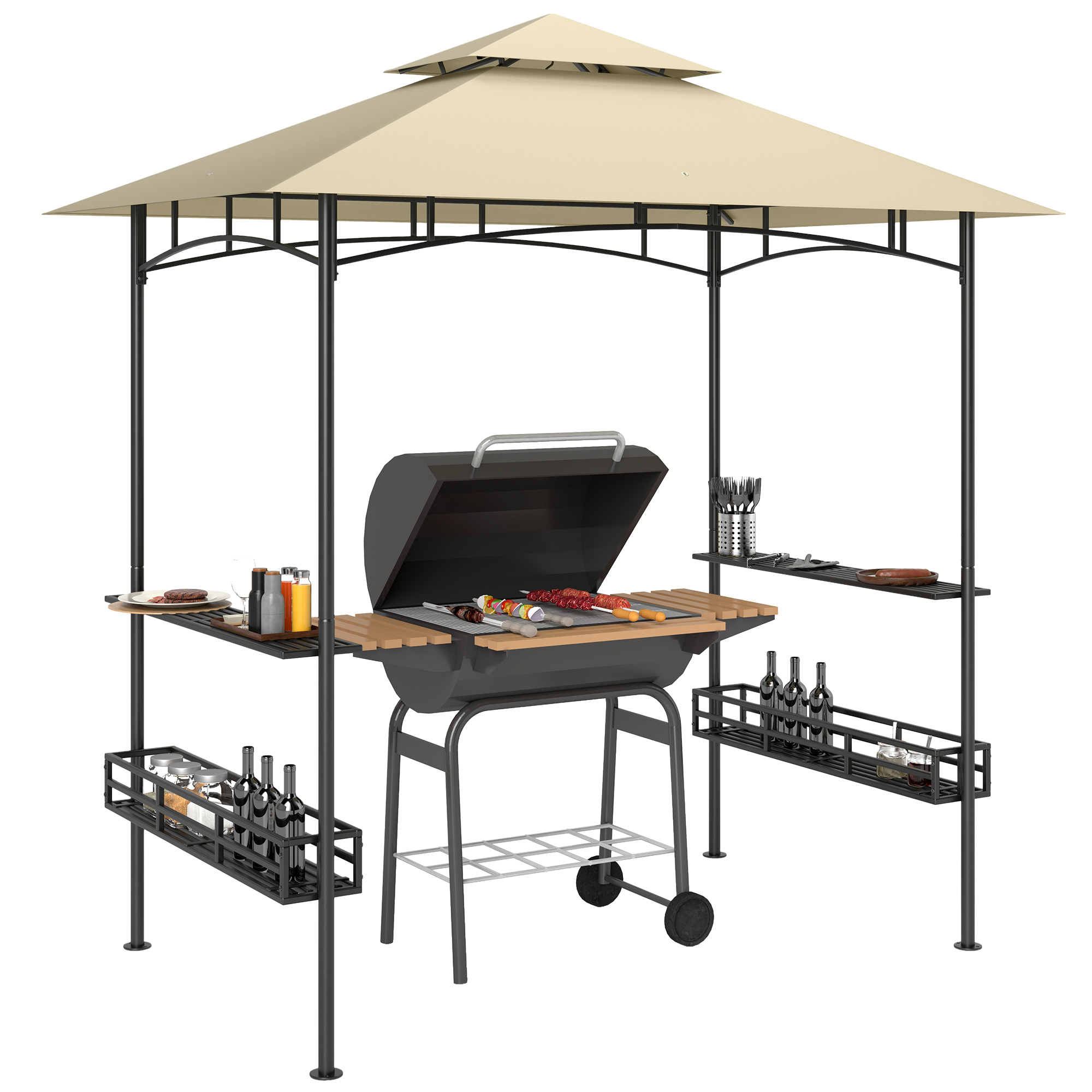 Outsunny Gazebo da BBQ, Gazebo da giardino con 2 ripiani, ceste portaoggetti, ganci, per terrazza, Beige