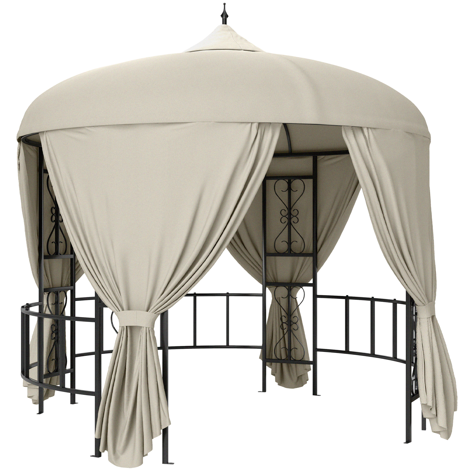 Outsunny Gazebo da Esterno Ø3m in Metallo con Rivestimento in PU Anti-UV, Gazebo da Giardino Rotondo con Tende, Beige Aosom