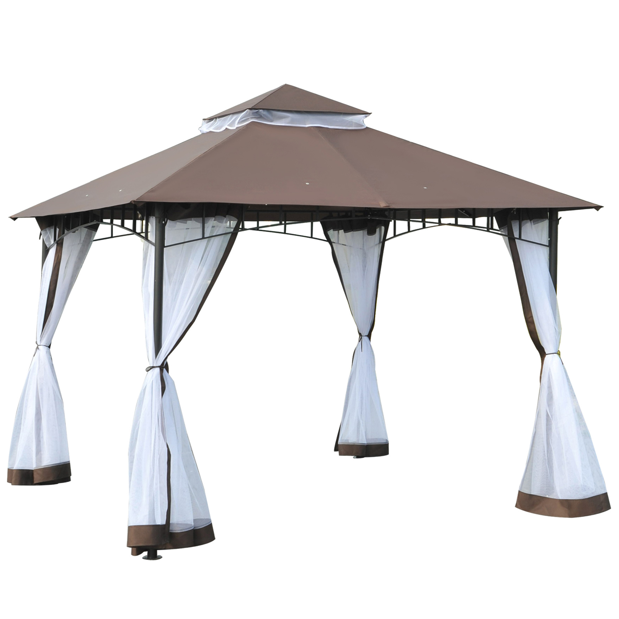 Outsunny Gazebo da Giardino con Zanzariera, Tetto a 2 Livelli e Struttura in Metallo, 3x3 m, Marrone Aosom Italy