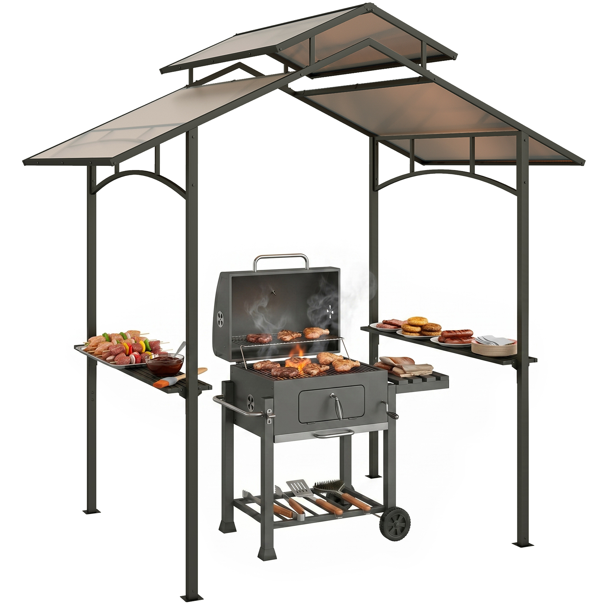 Outsunny Gazebo da Giardino per Barbecue, Doppio Tetto e Struttura in Acciaio con Mensole, 240x150x250cm, Nero Aosom.it