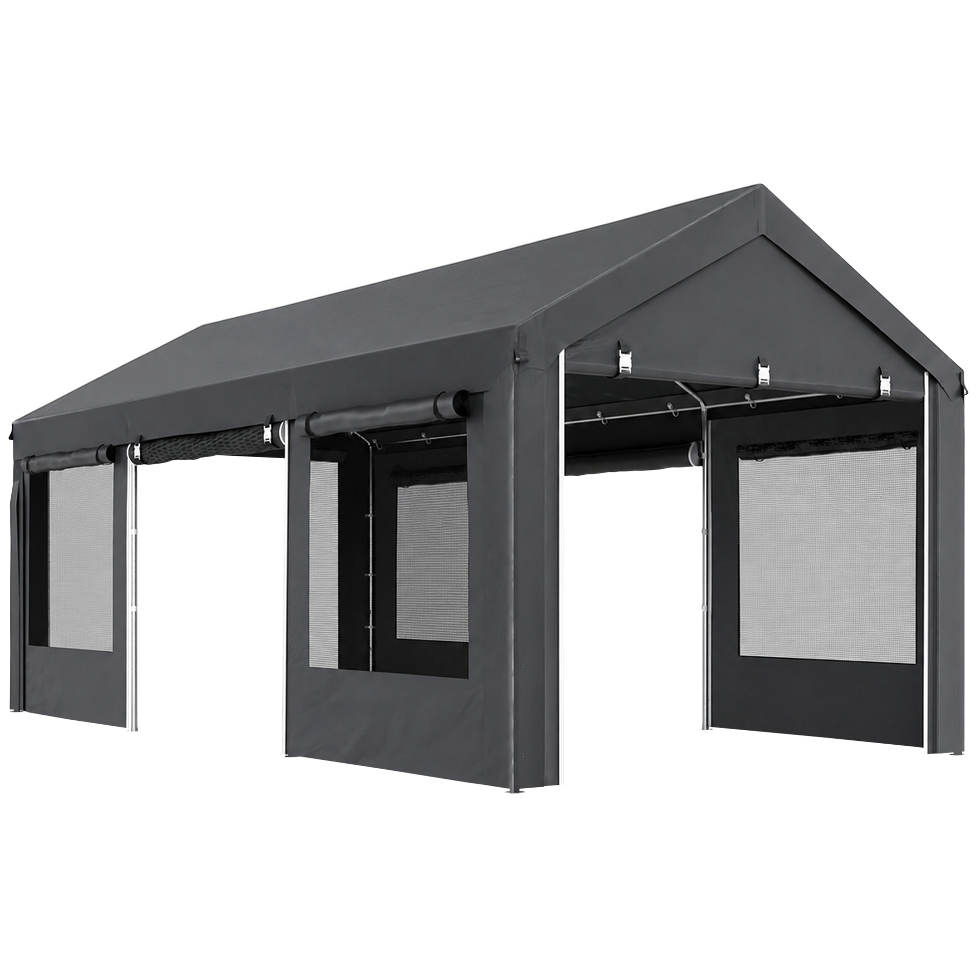 Outsunny Gazebo per Auto e Feste con Altezza Regolabile, 4 Porte e 4 Finestre, 6x3m Grigio Scuro Aosom