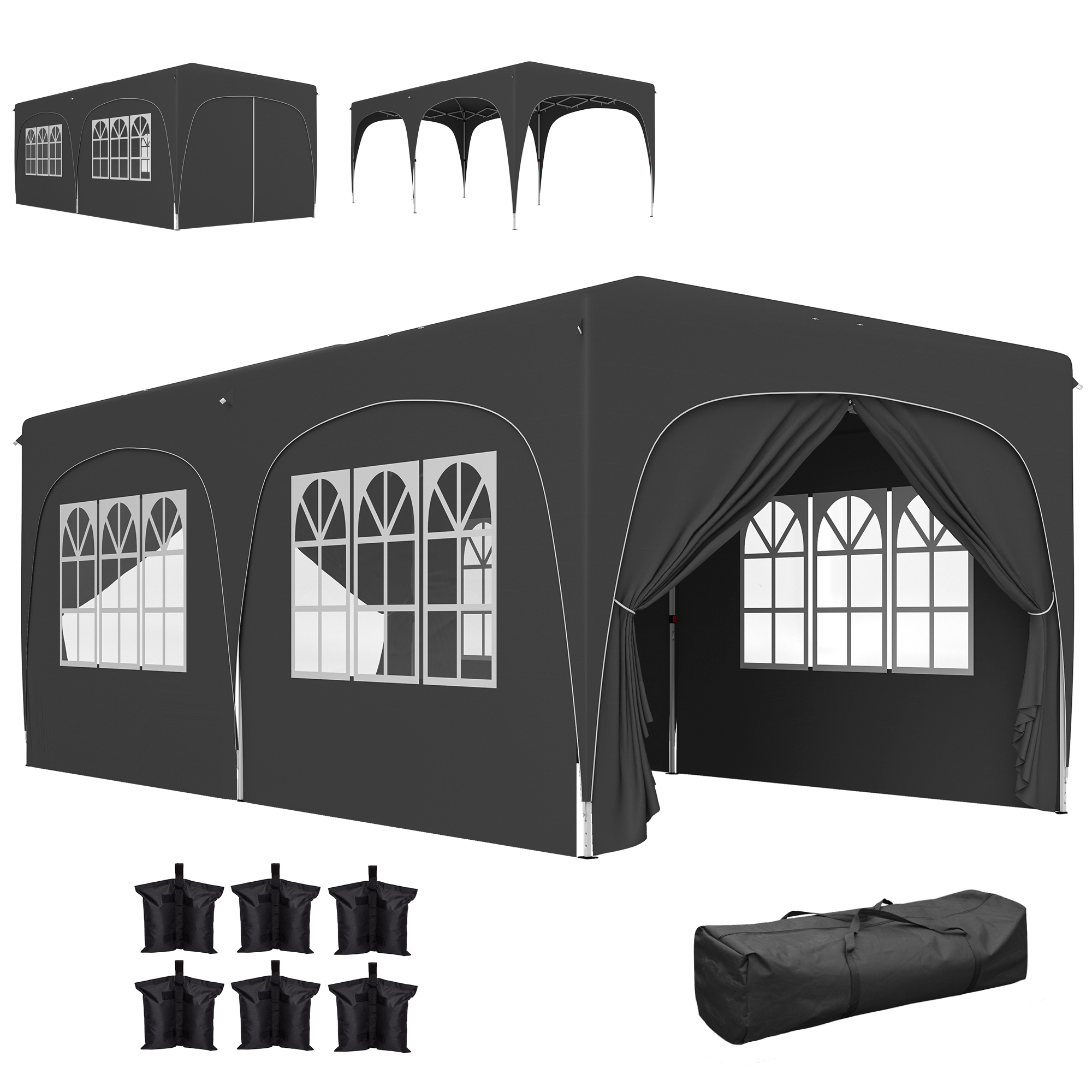Outsunny Gazebo pieghevole 3 x 6m Pop Up, UPF50+ Altezza regolabile, con sacca di trasporto e sacchi di sabbia, grigio scuro Aosom Italy