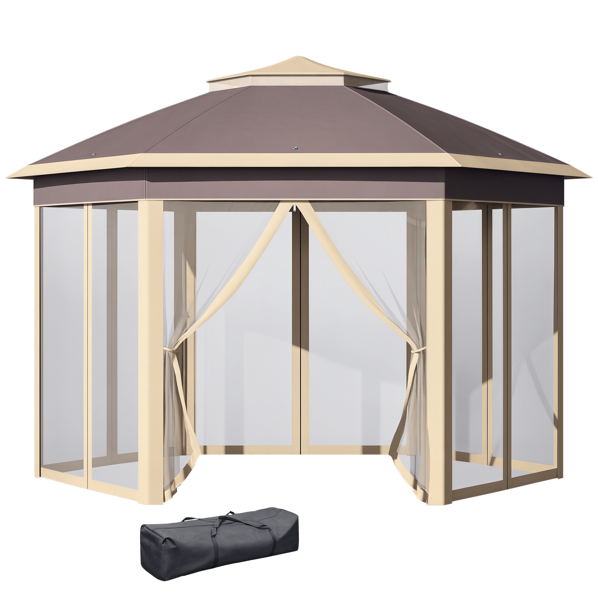 Outsunny Gazebo Pieghevole da Giardino con Zanzariera e Doppio Tetto 405x340x285 cm, Beige Aosom
