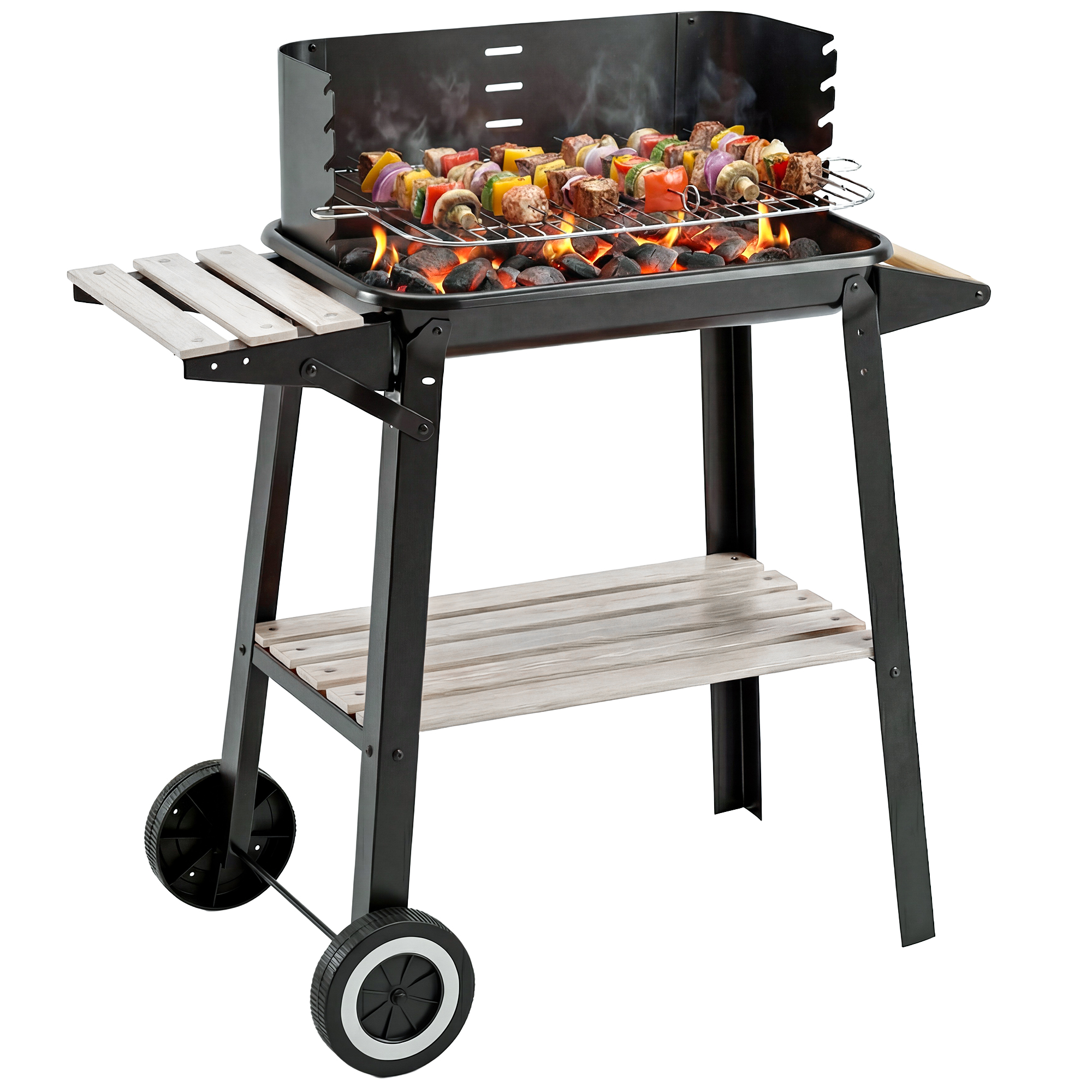 Outsunny Griglia a Carbone Barbecue BBQ Carrello Grill per Picnic con Ruote da Balcone Giardino in Ferro e Legno 83 × 45 × 87 cm Nero Aosom