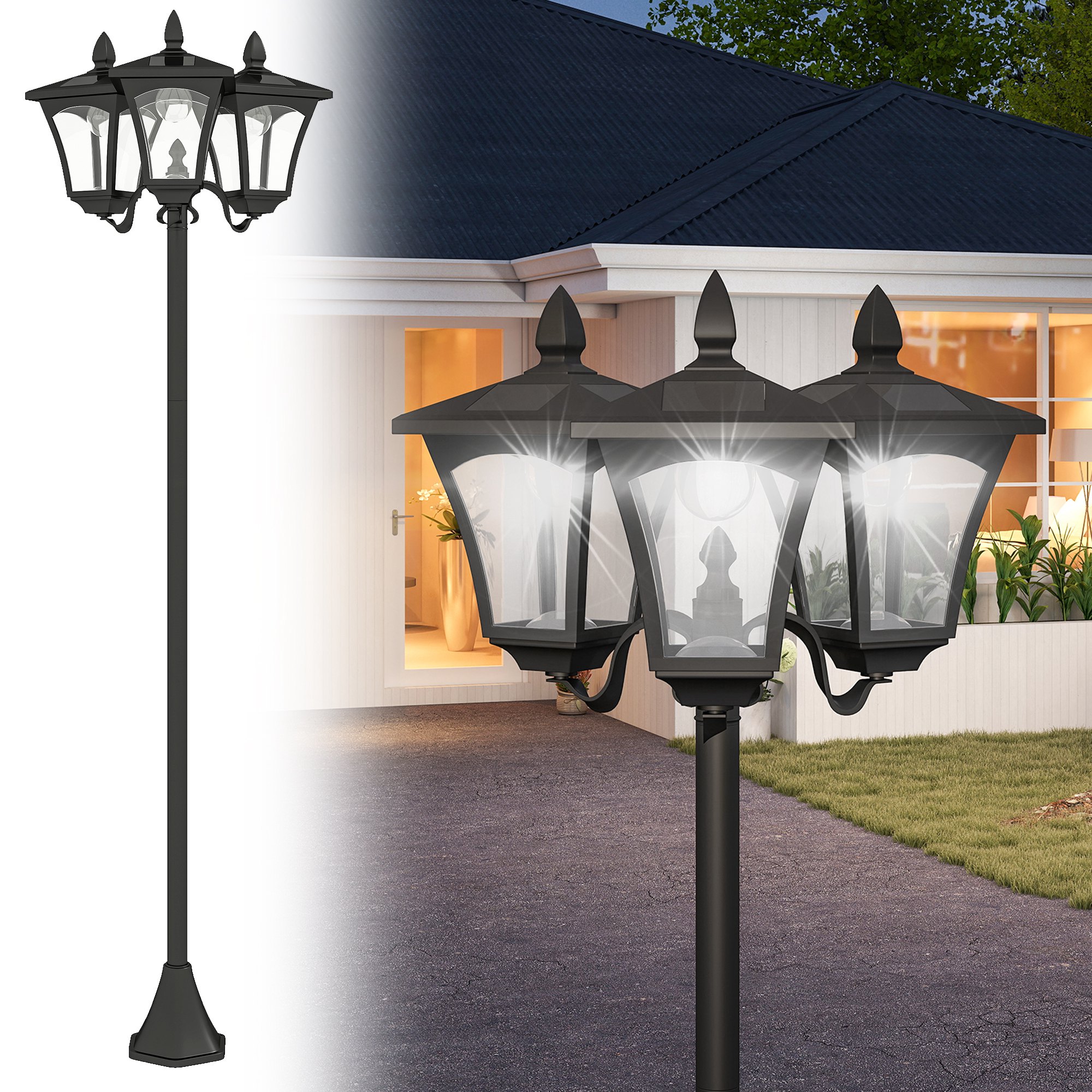 Outsunny Lampione da Giardino 182.5cm con Luci LED ad Energia Solare, Impermeabilità IP44, Illuminazione Automatica, in Acciaio, Nero Aosom