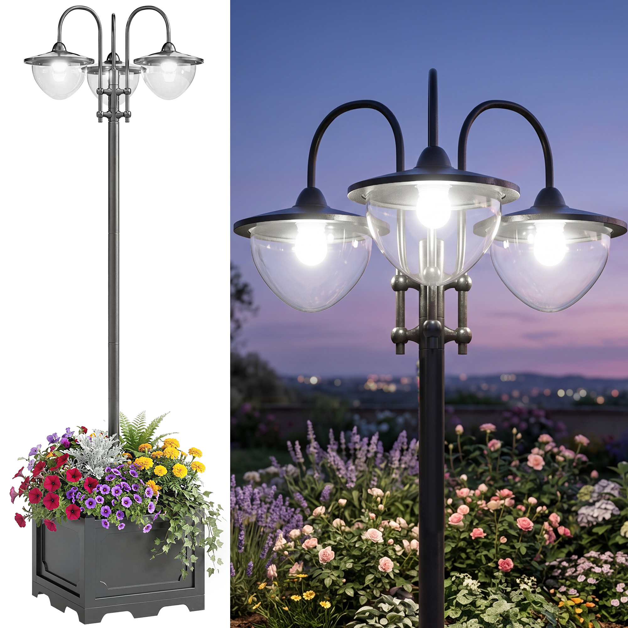 Outsunny Lampione Intelligente a Pannelli Solari con 3 Lampade Led, 3 livelli e Accensione Automatica, 60x55x189 cm, Nero Aosom Italy Outsunny Lampione Intelligente a Pannelli Solari con 3 Lampade Led, 3 livelli e Accensione Automatica, 60x55x189 cm, Nero Aosom Italy