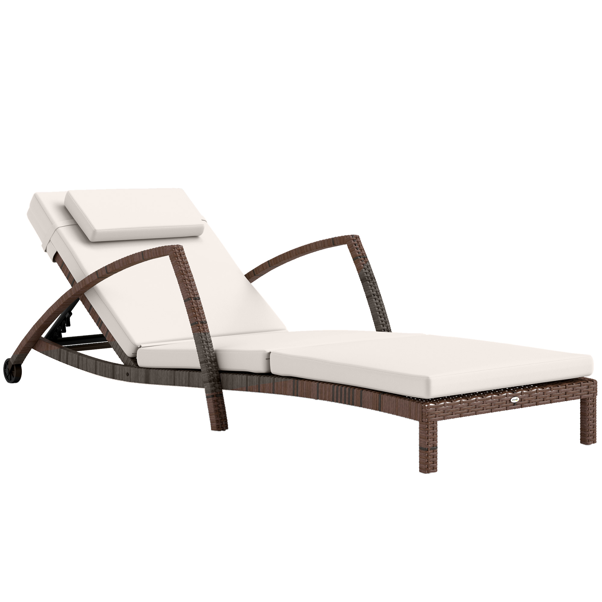 Outsunny Lettino da sole, chaise longue in resina intrecciata con schienale regolabile, ruote, cuscino e braccioli, marrone e beige