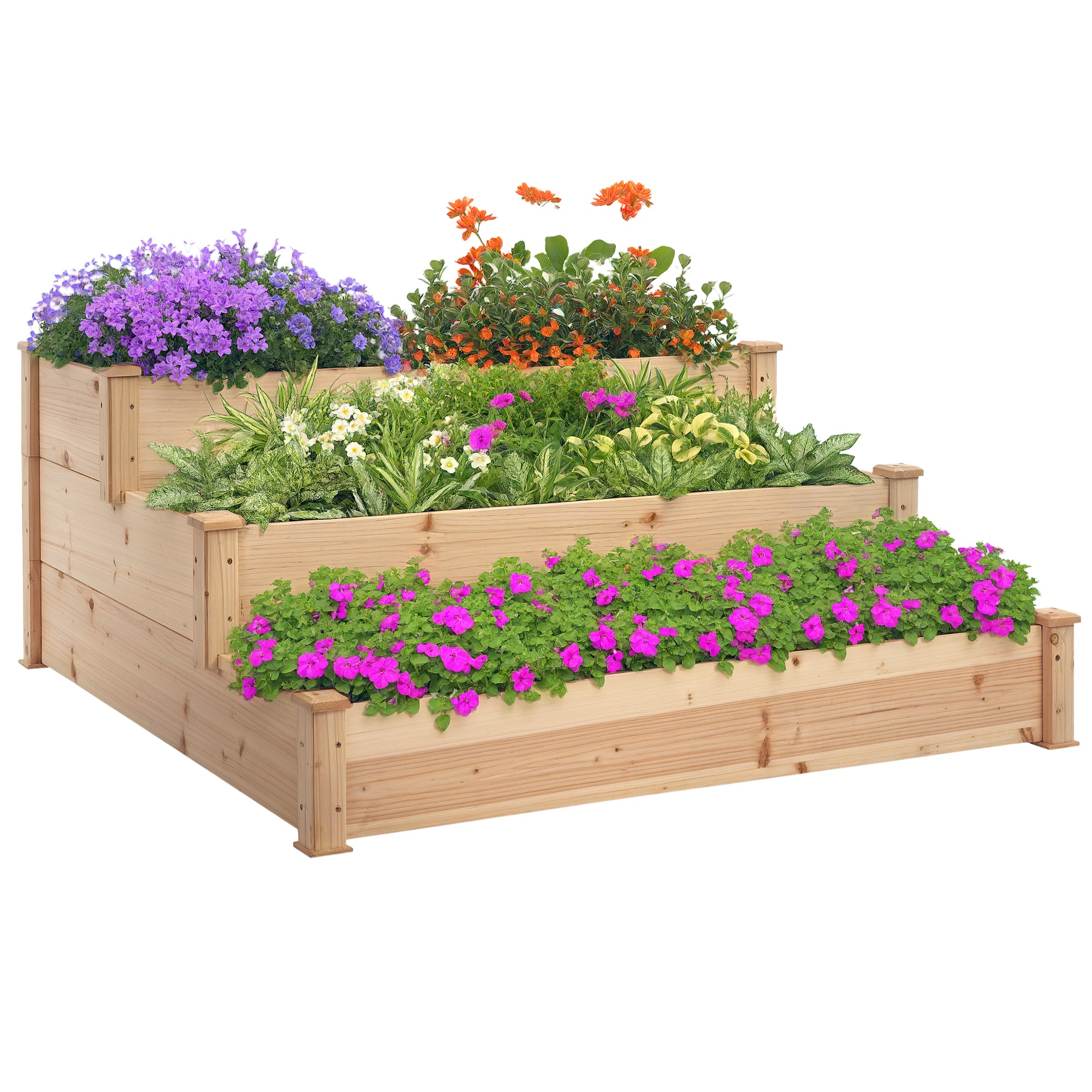 Outsunny Lettino per Orto Rialzato a 3 Livelli in Legno Naturale, Fioriera in Legno per Piante da Esterno Giardino, 124x 124x56cm Aosom